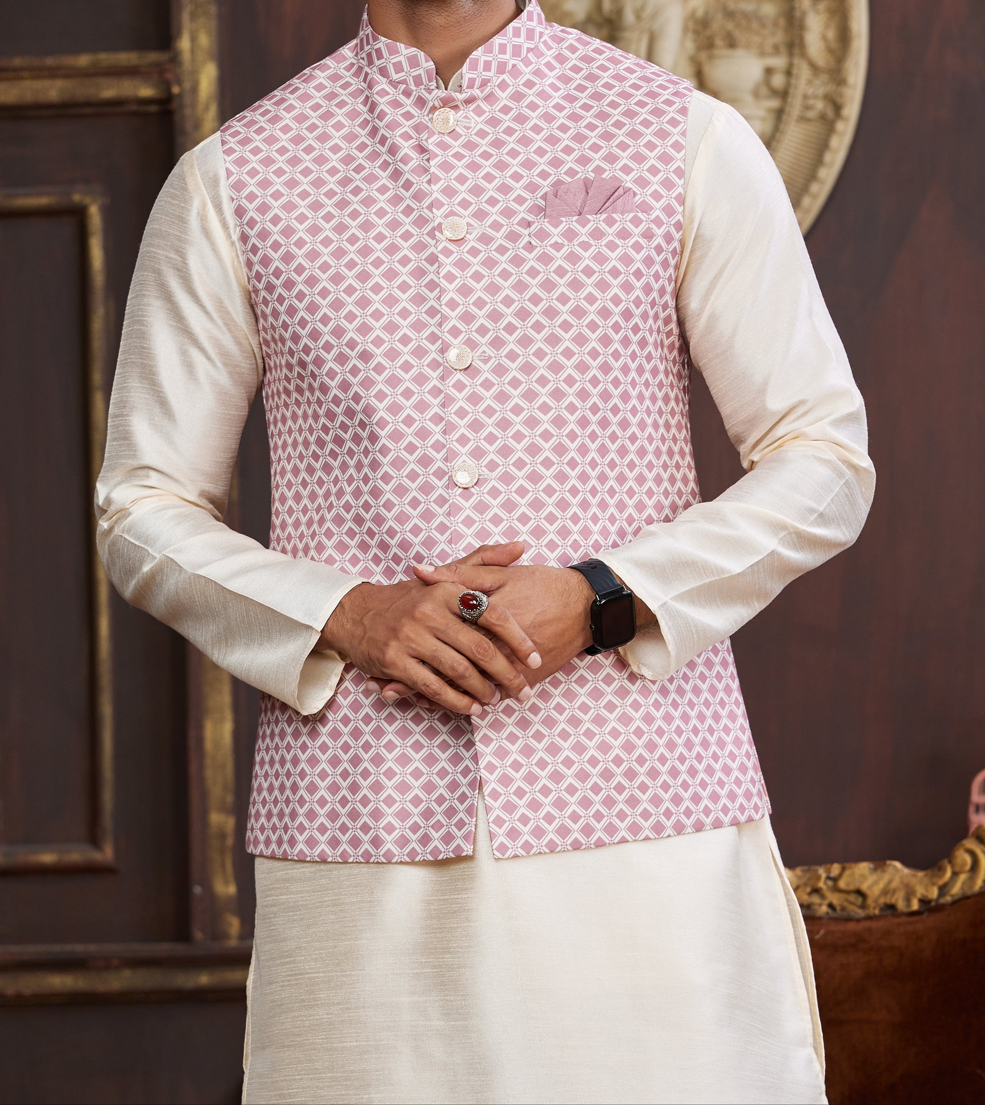Pink & Off-white Kurta Vest Set - Made-on-order