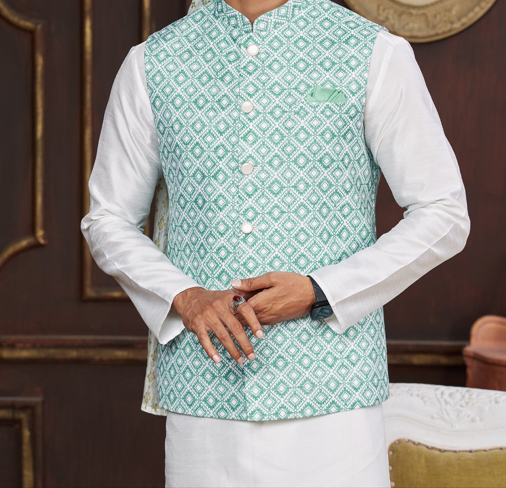 Teal & White Kurta Vest Set - Made-on-order