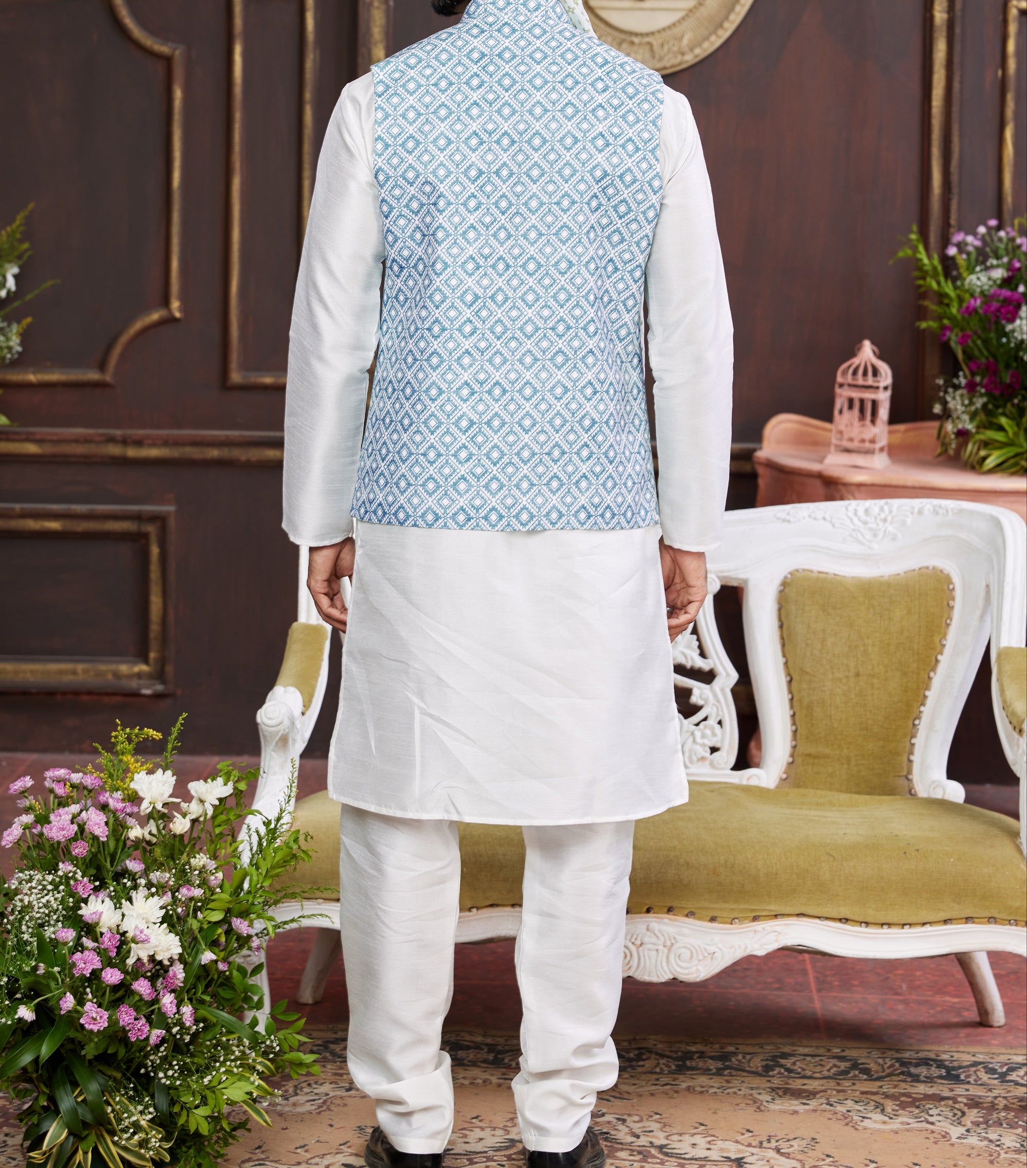 Blue & White Kurta Vest Set - Made-on-order
