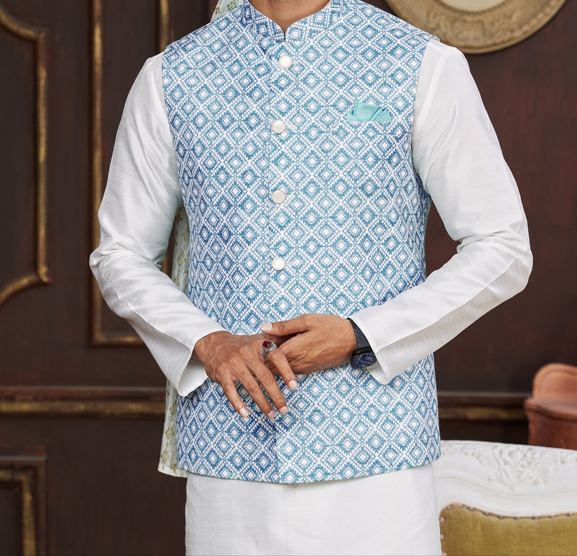 Blue & White Kurta Vest Set - Made-on-order
