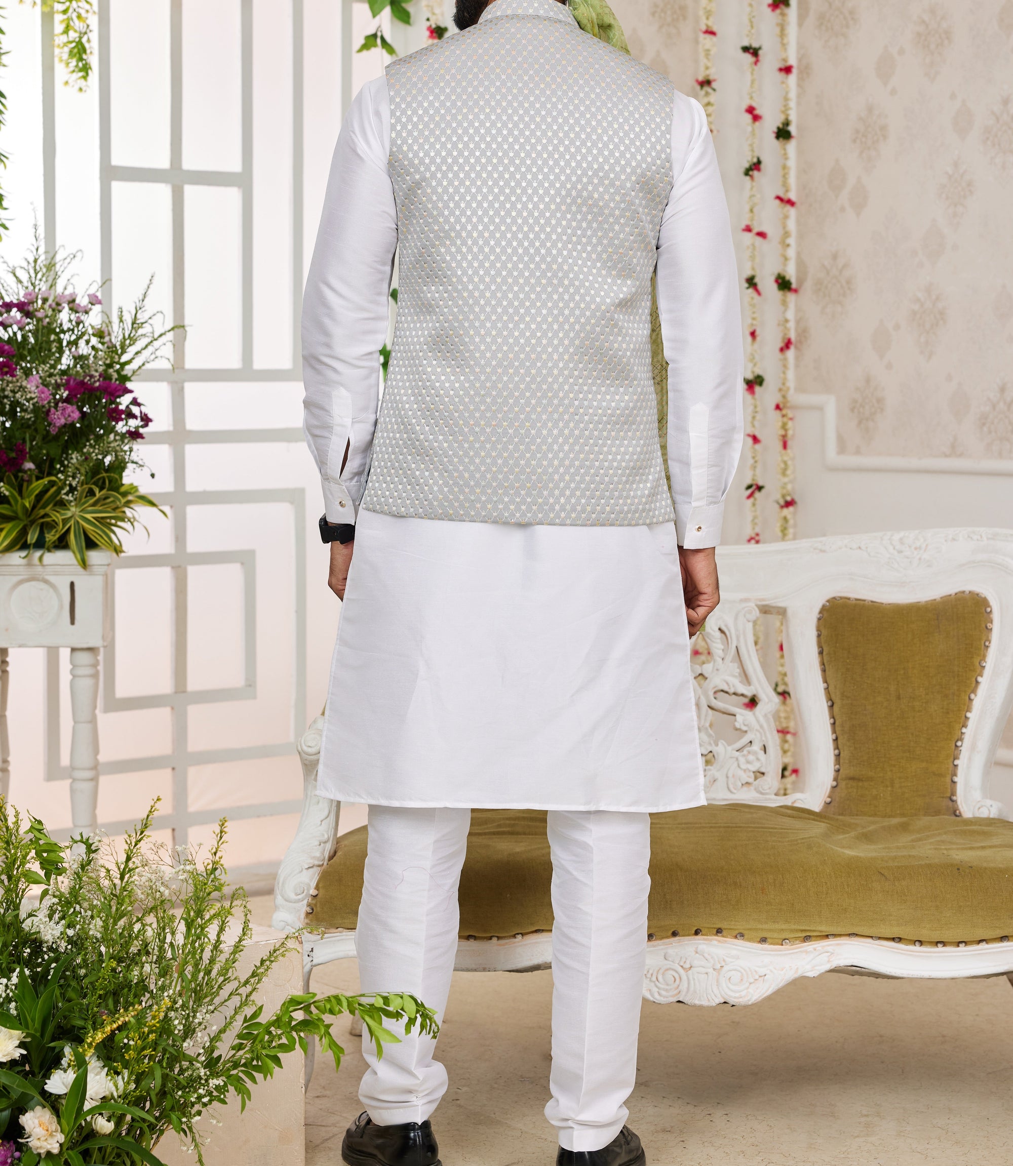 Silver & White Kurta Vest Set - Made-on-order