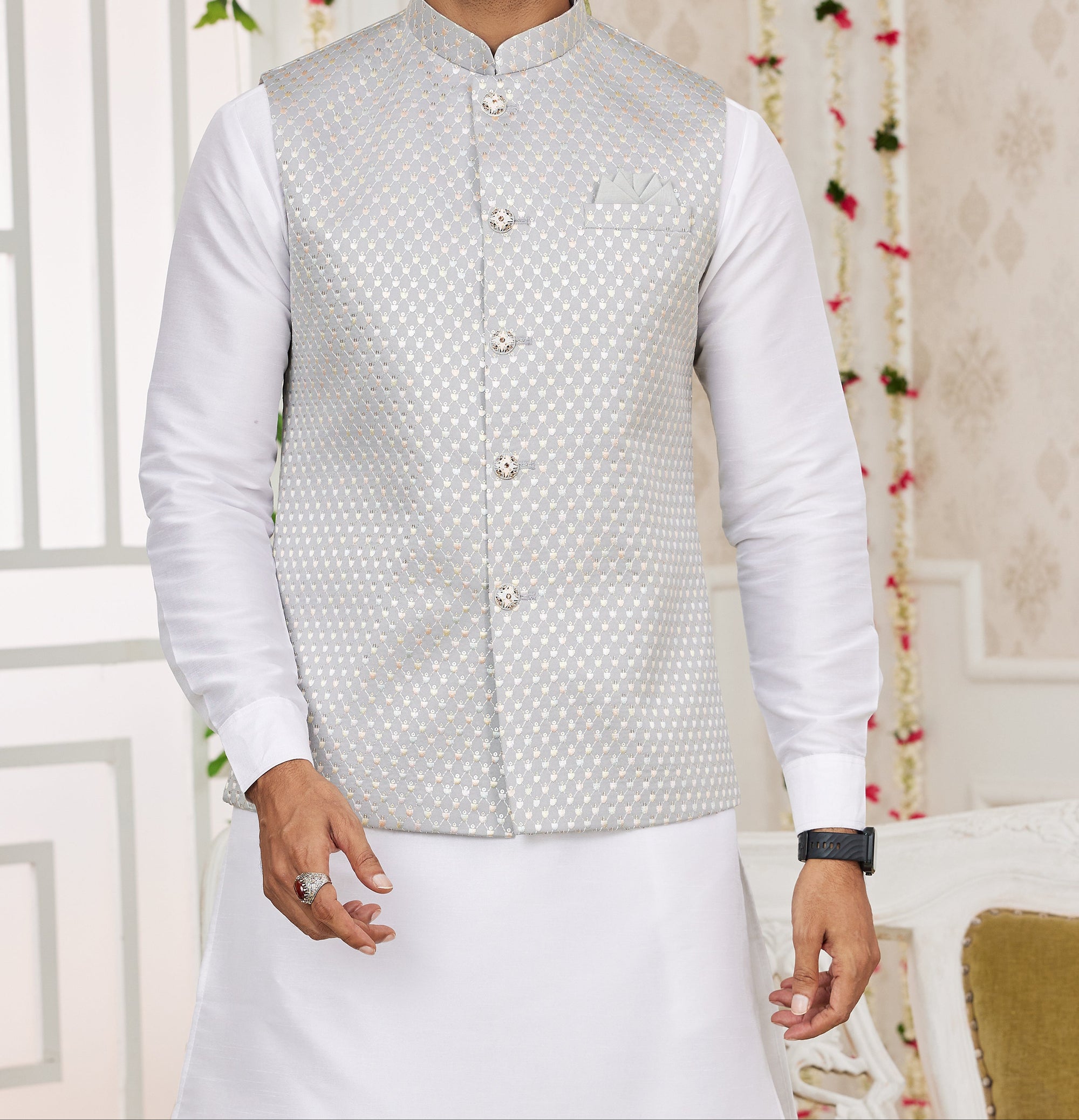 Silver & White Kurta Vest Set - Made-on-order