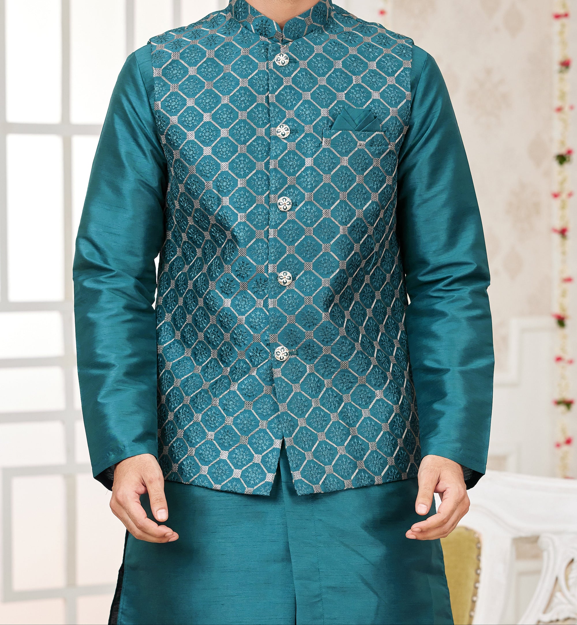 Teal Kurta & Vest Set - Made-on-order