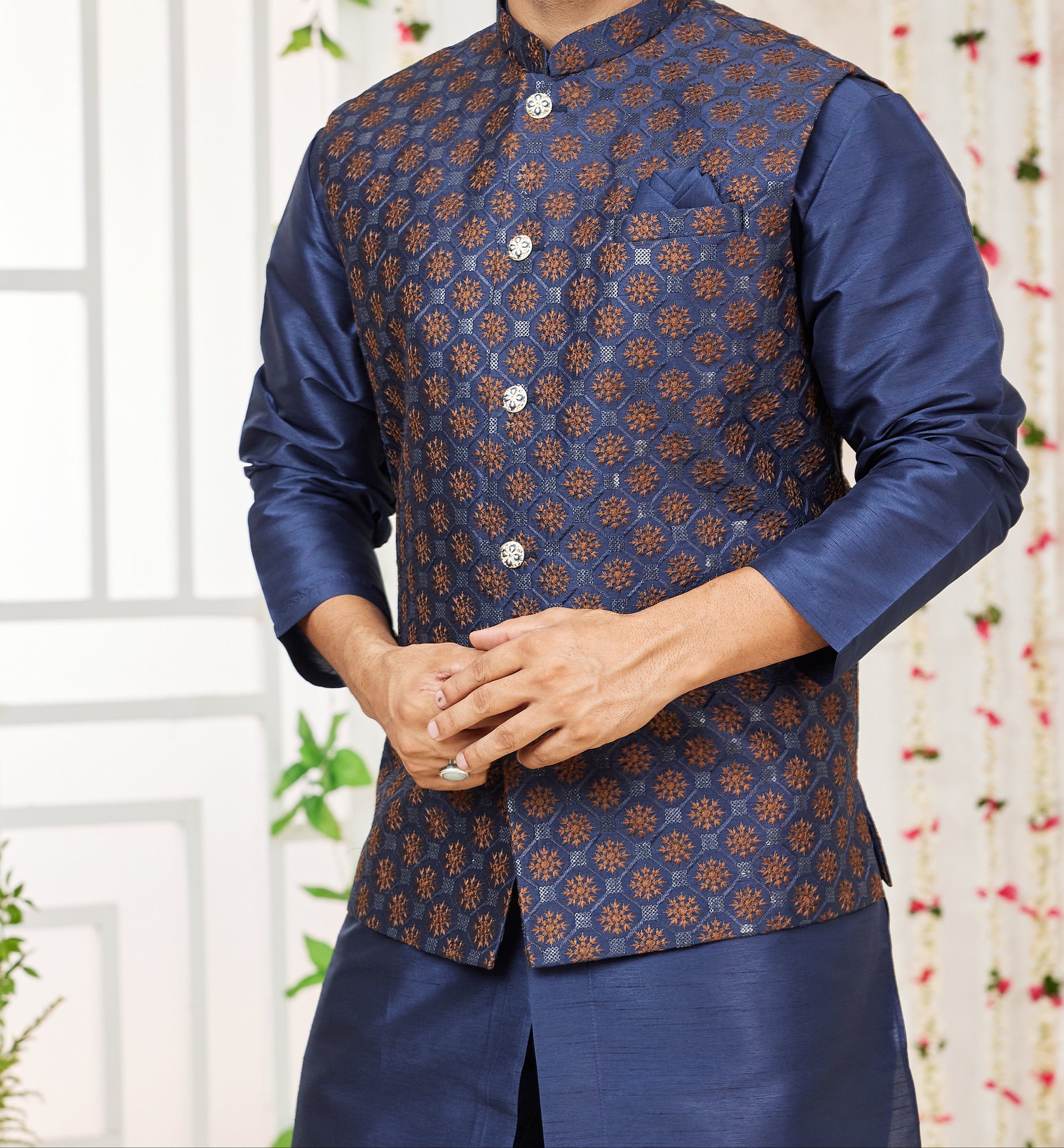 Dark Blue Kurta & Vest Set - Made-on-order