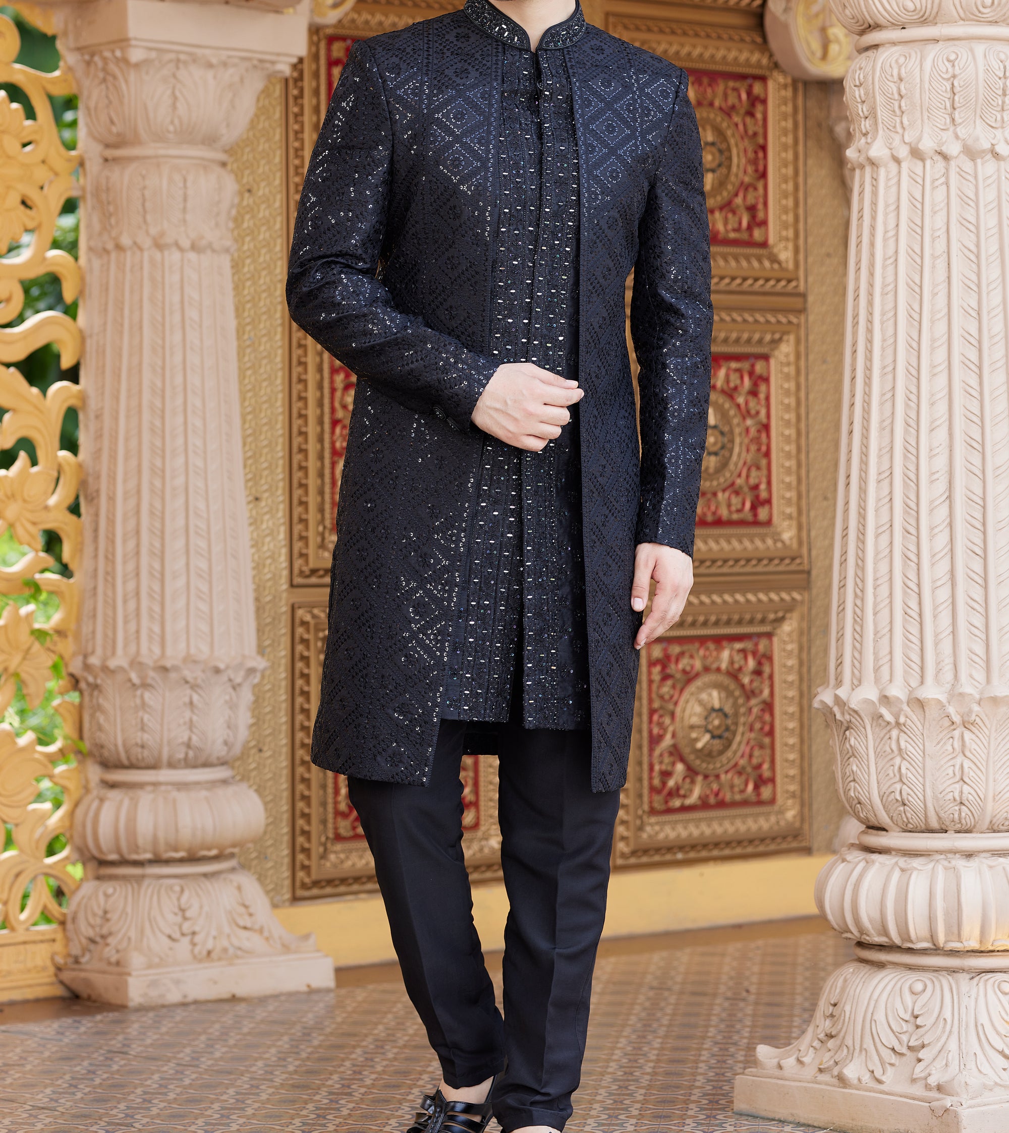 Modern 2-Piece Black Jacket-Sherwani Set - Made-on-order