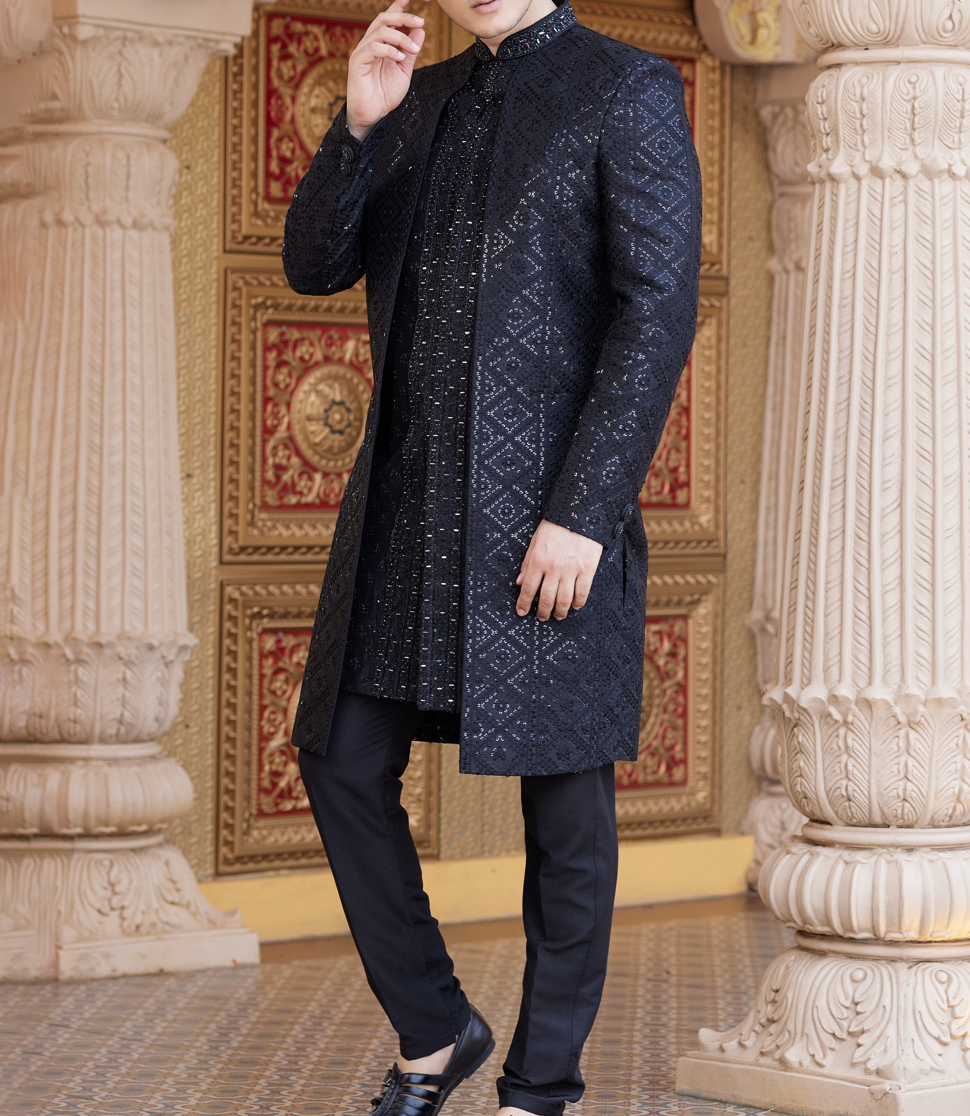 Modern 2-Piece Black Jacket-Sherwani Set - Made-on-order