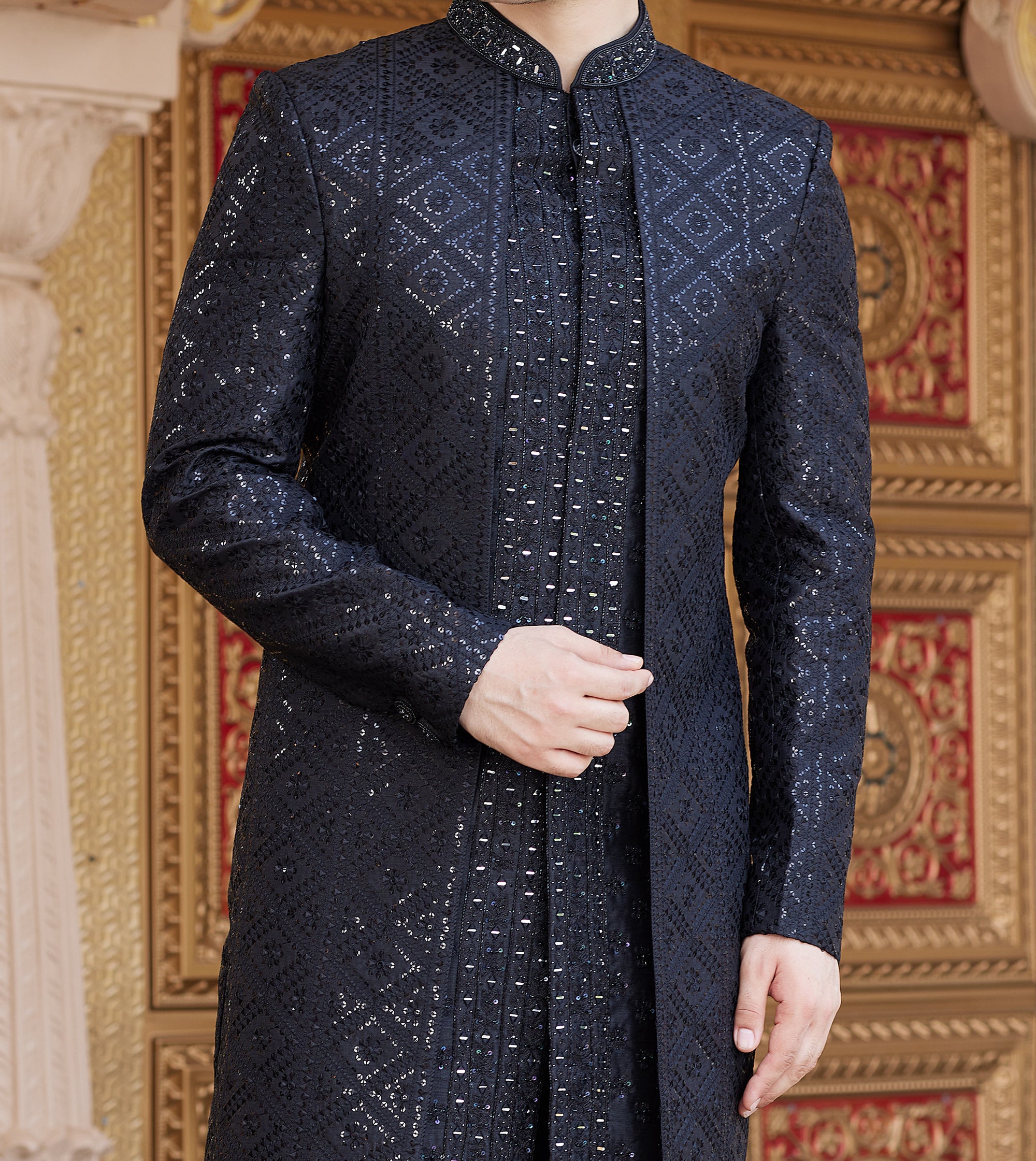 Modern 2-Piece Black Jacket-Sherwani Set - Made-on-order