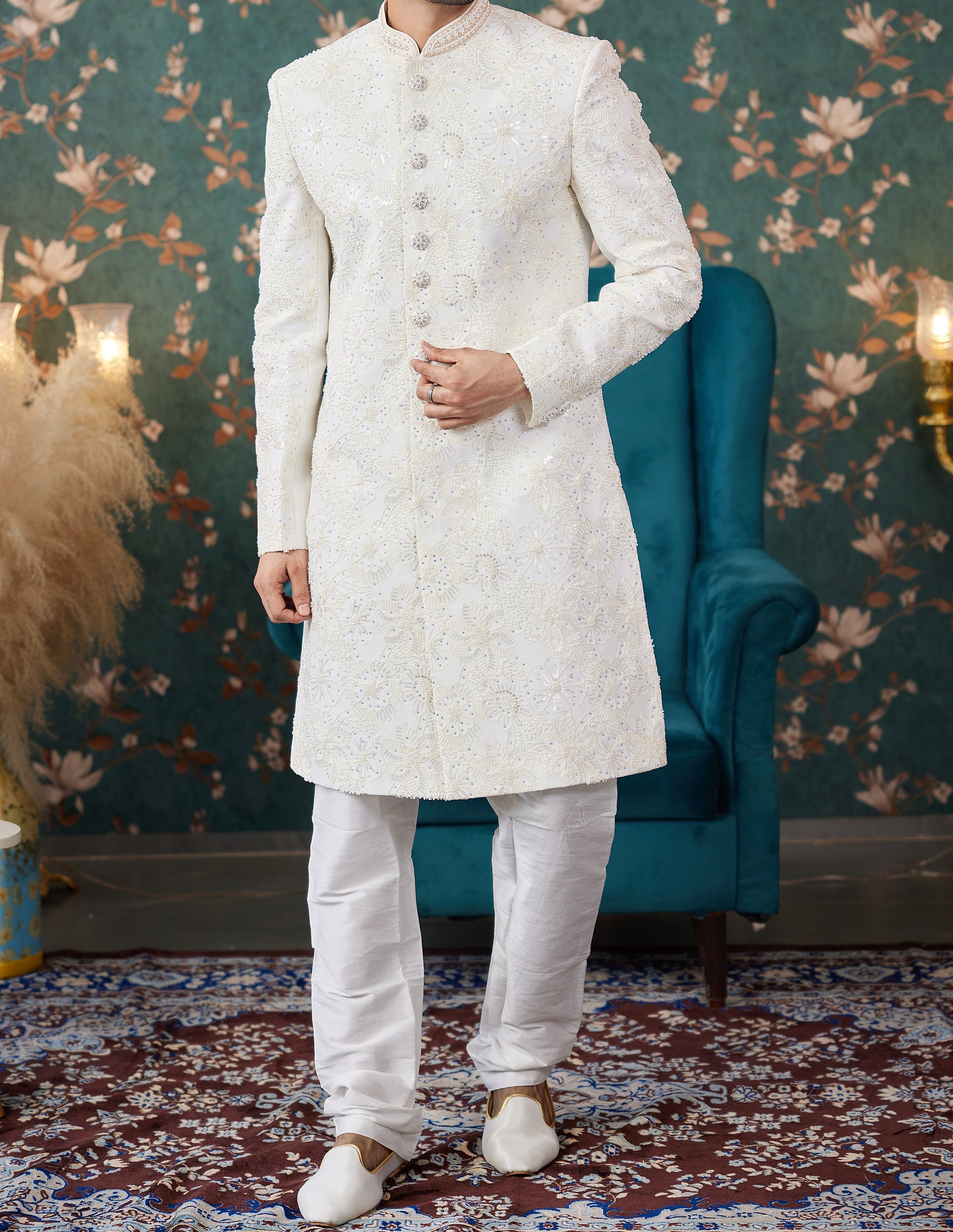 Formal 2-Piece White/Cream Sherwani Set - Made-on-order