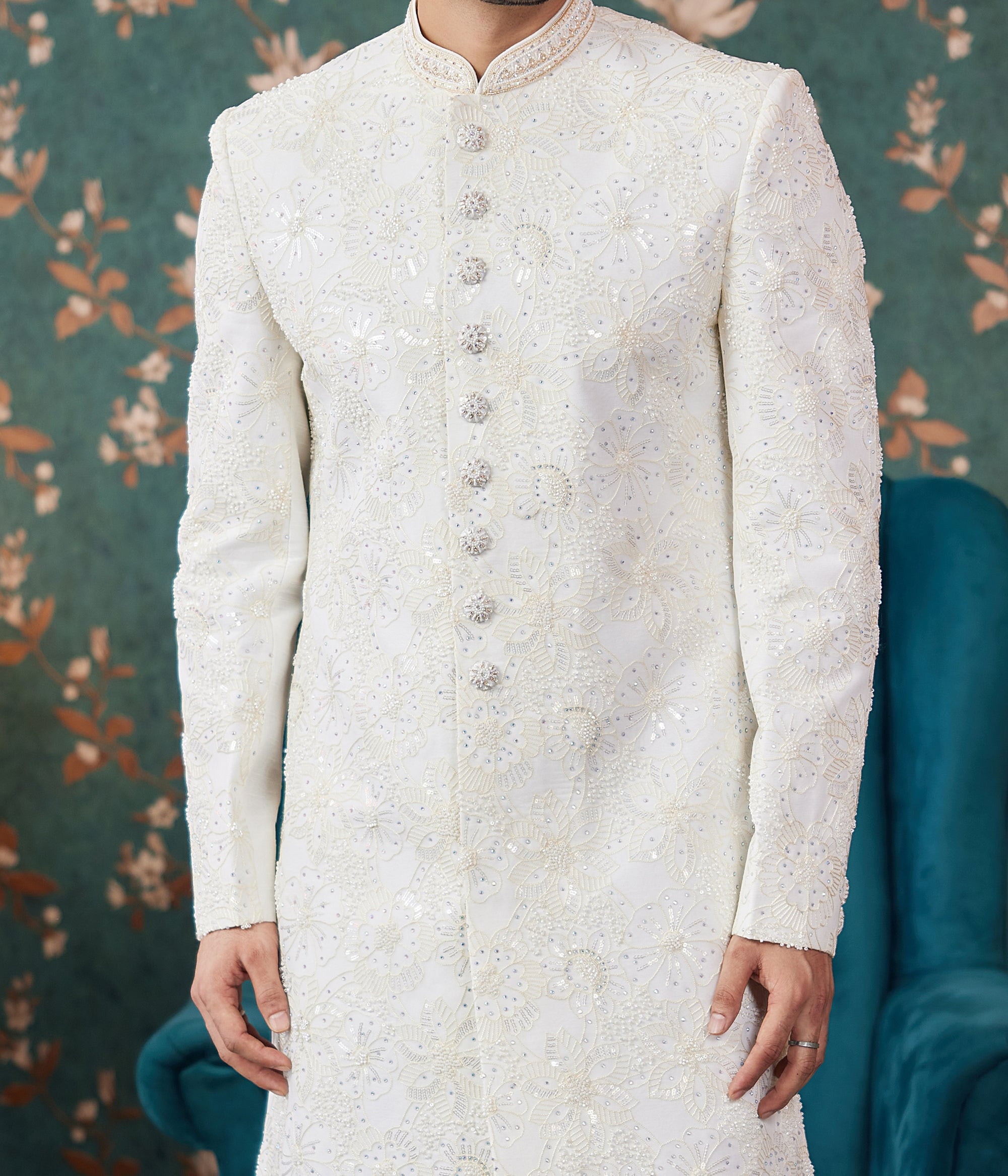 Formal 2-Piece White/Cream Sherwani Set - Made-on-order