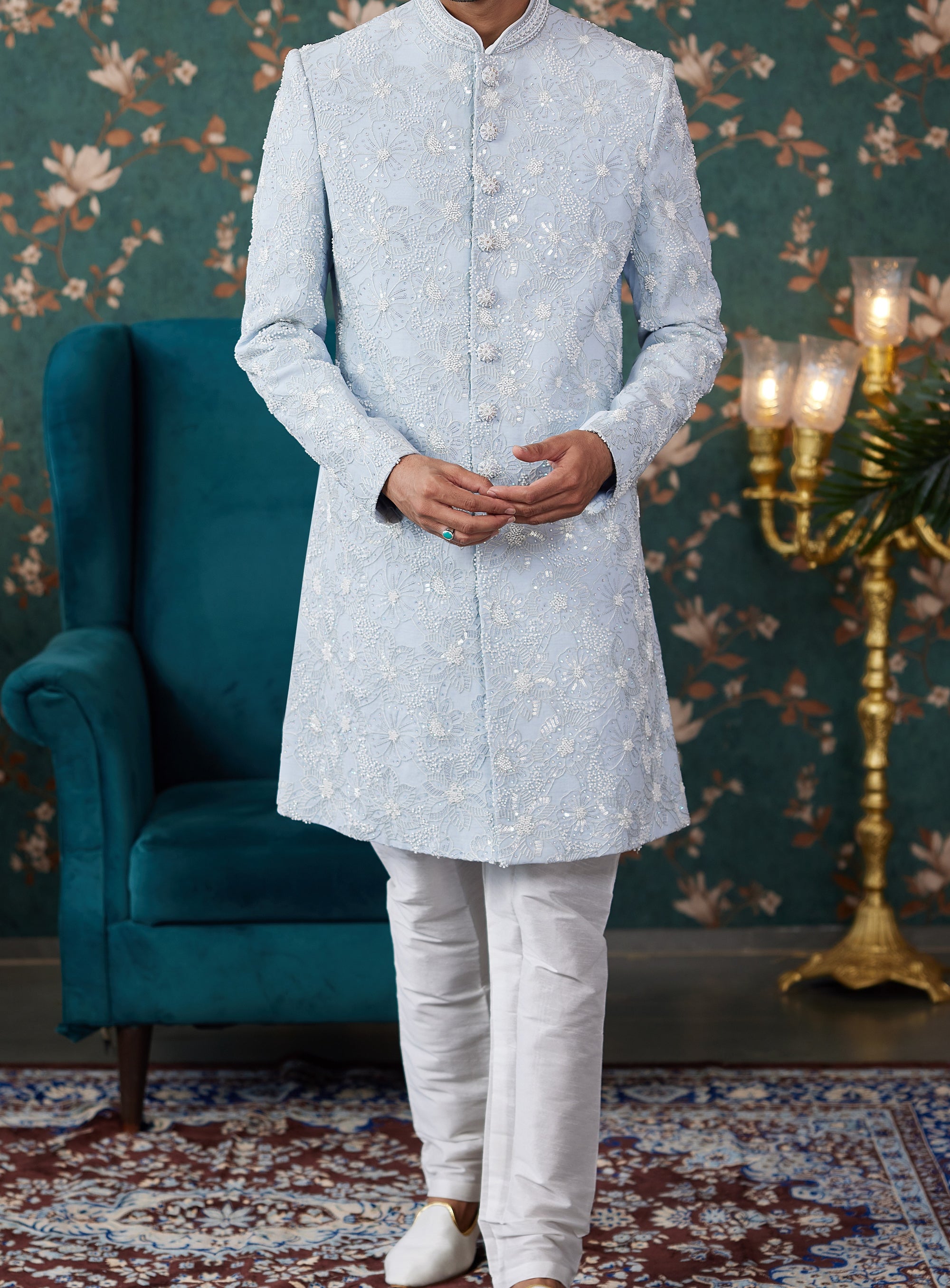 Formal 2-Piece Light Blue Sherwani Set - Made-on-order