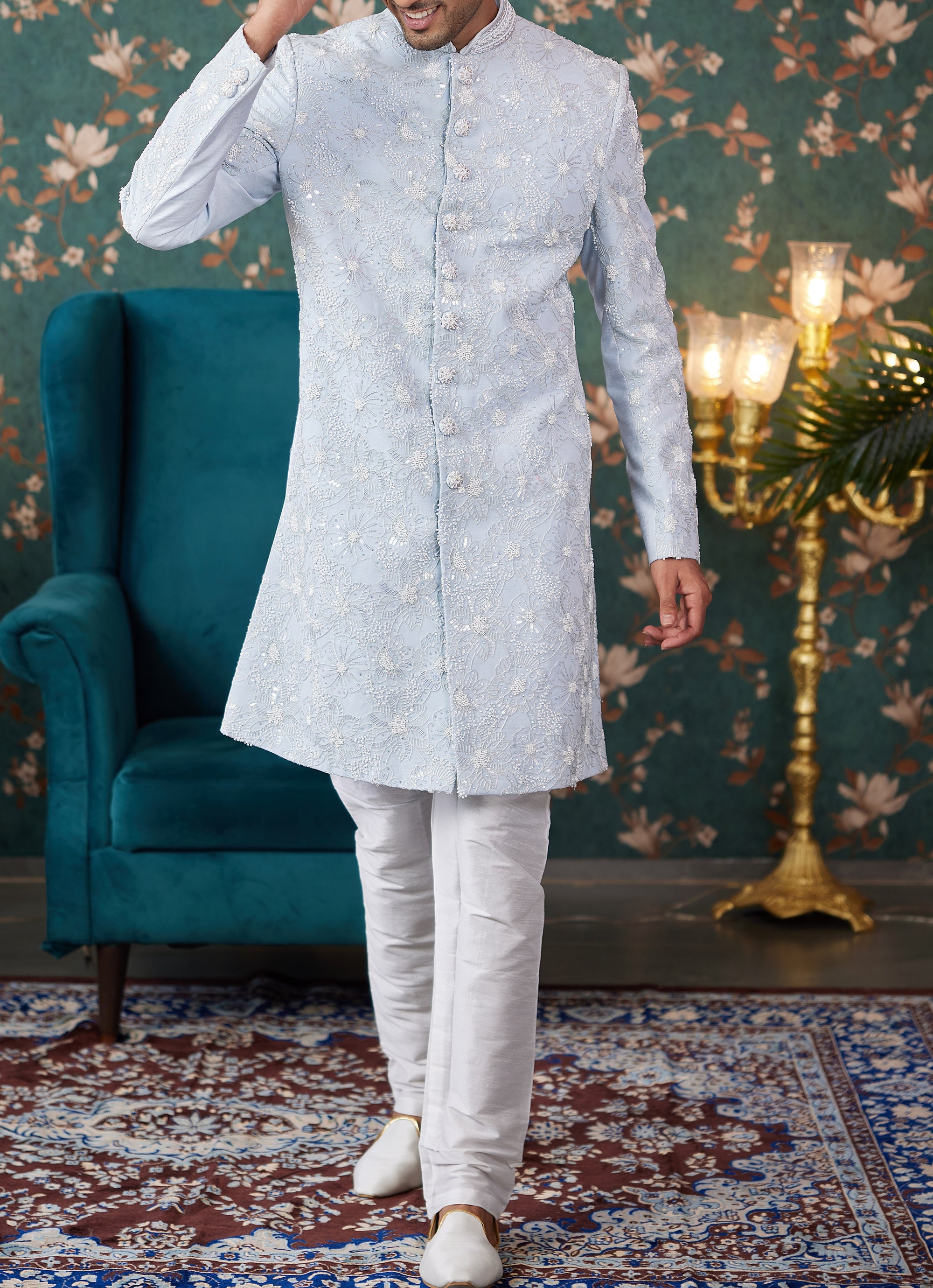 Formal 2-Piece Light Blue Sherwani Set - Made-on-order