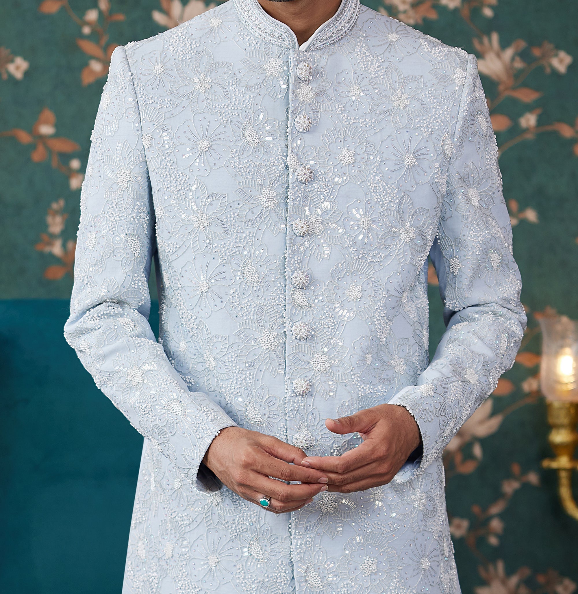 Formal 2-Piece Light Blue Sherwani Set - Made-on-order