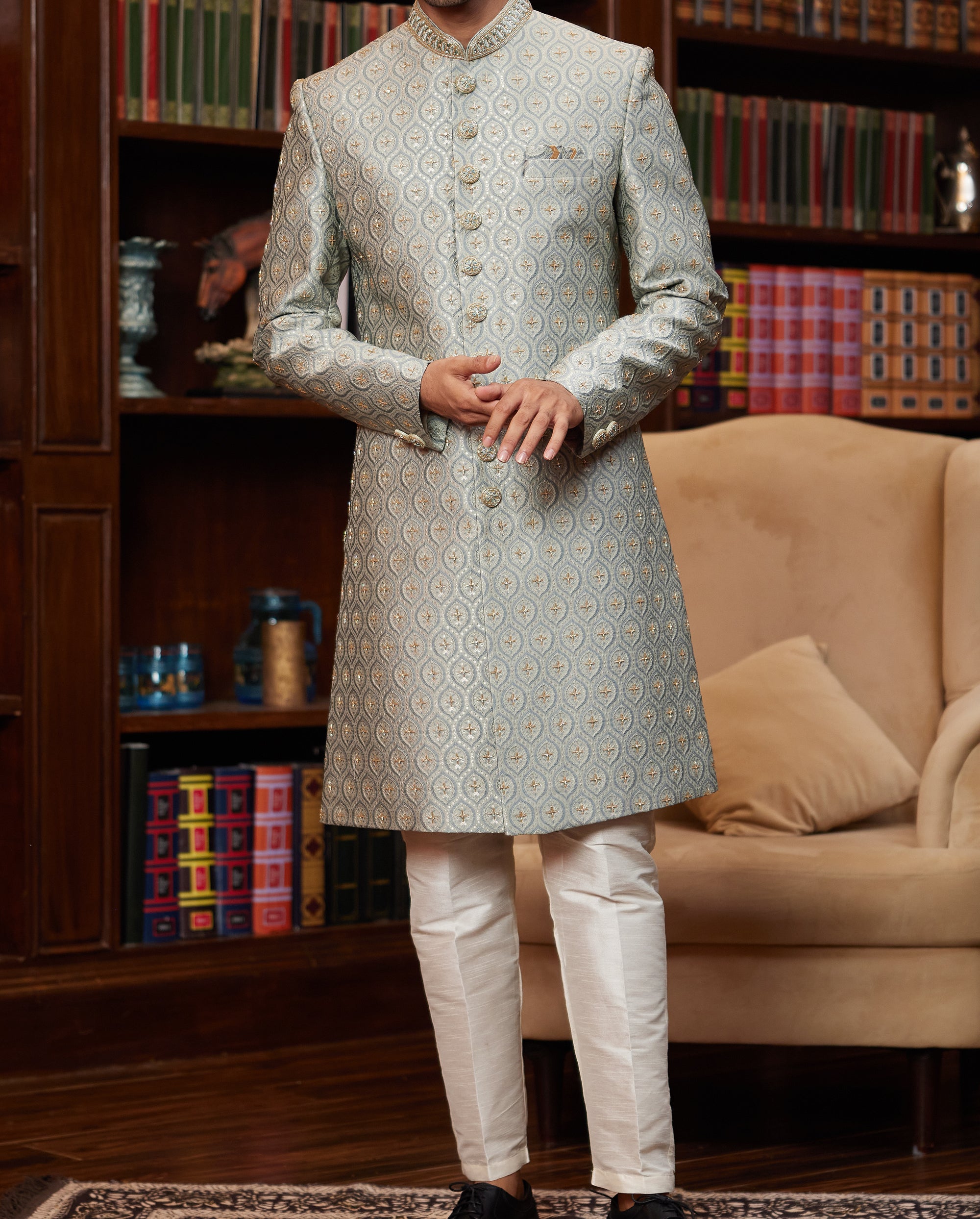 Formal 2-Piece Grey-Blue Sherwani Set - Made-on-order