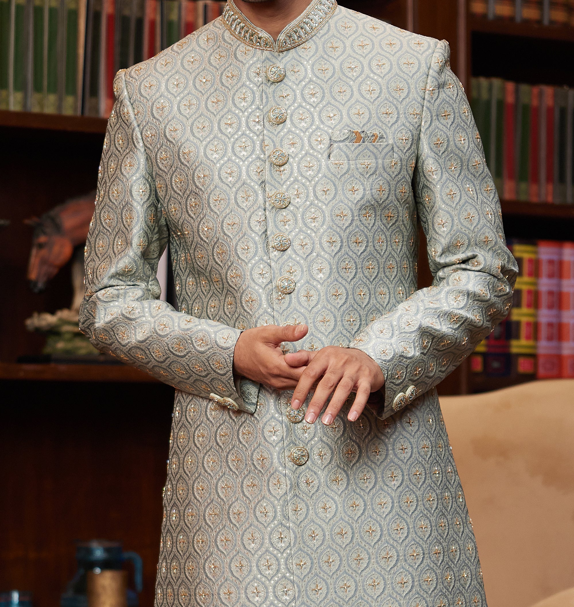 Formal 2-Piece Grey-Blue Sherwani Set - Made-on-order