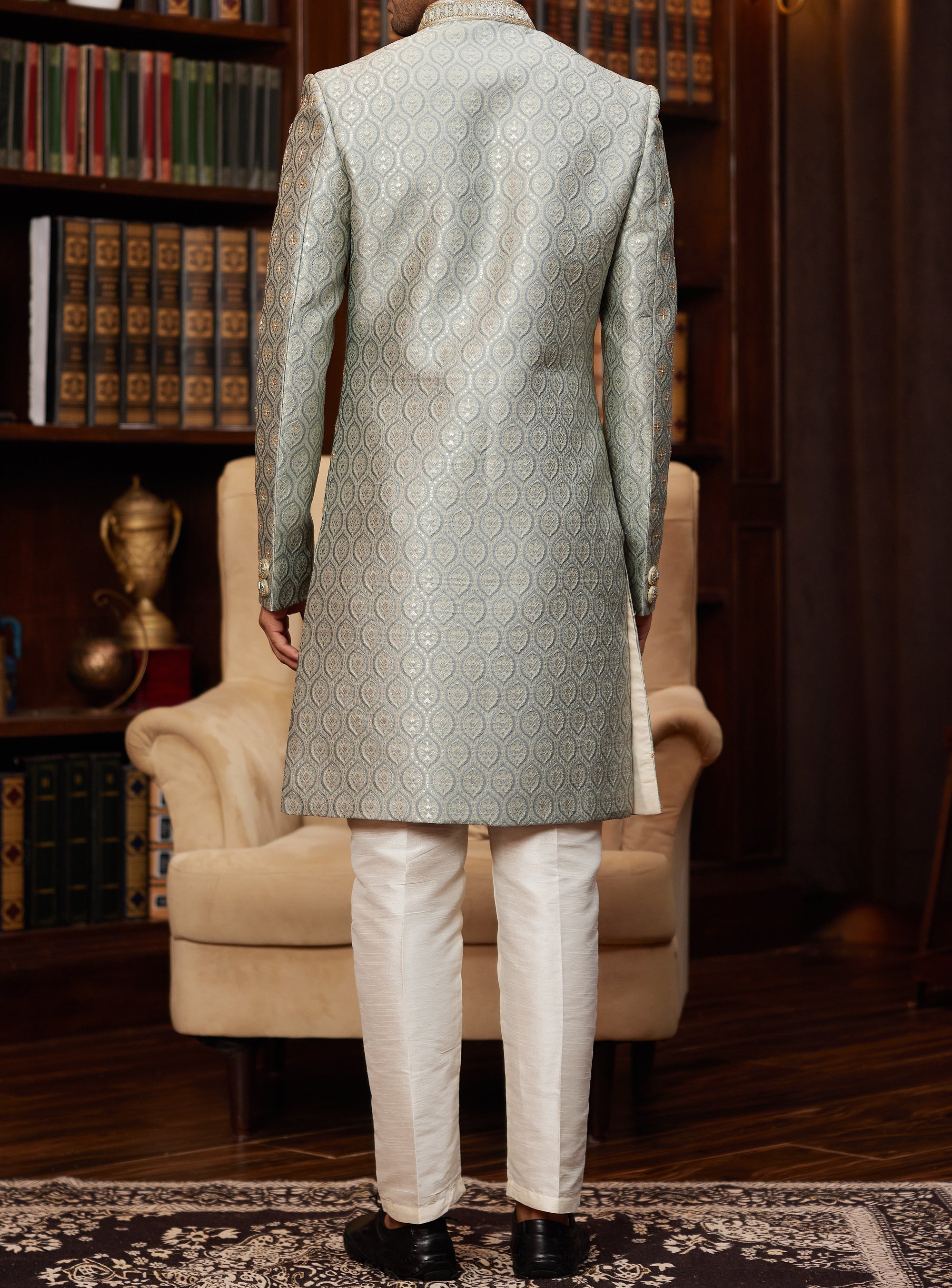 Formal 2-Piece Grey-Blue Sherwani Set - Made-on-order