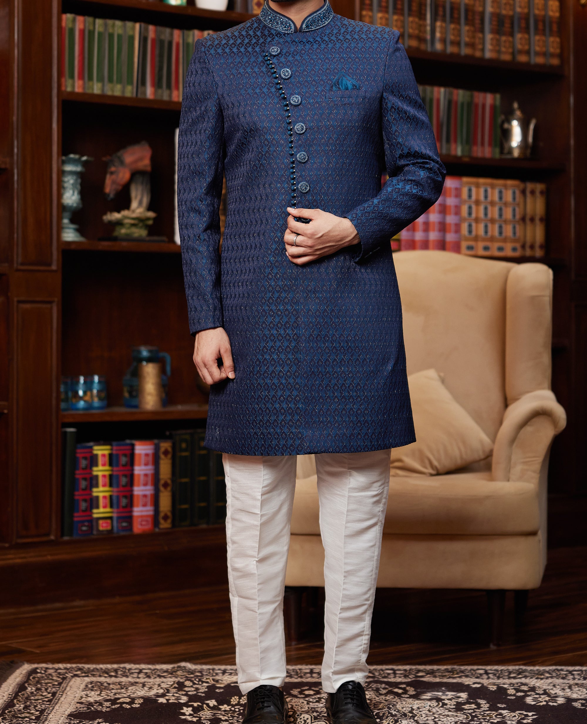 Formal 2-Piece Dark Blue Sherwani Set - Made-on-order