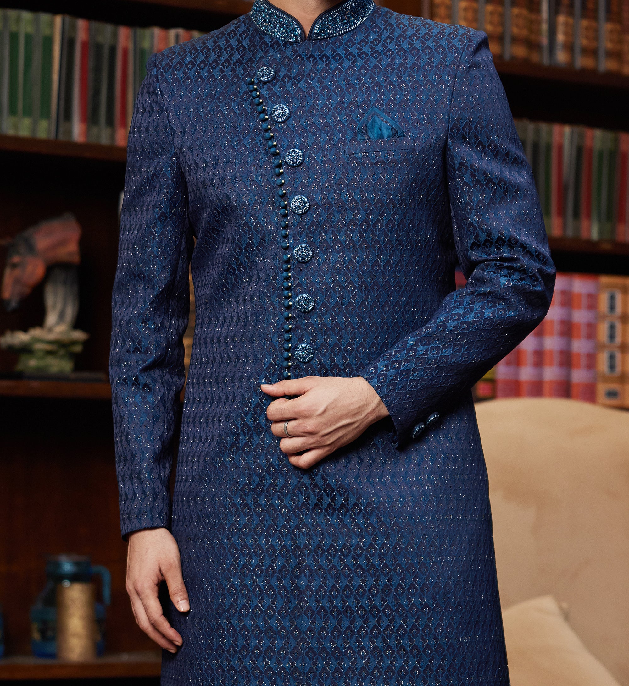 Formal 2-Piece Dark Blue Sherwani Set - Made-on-order