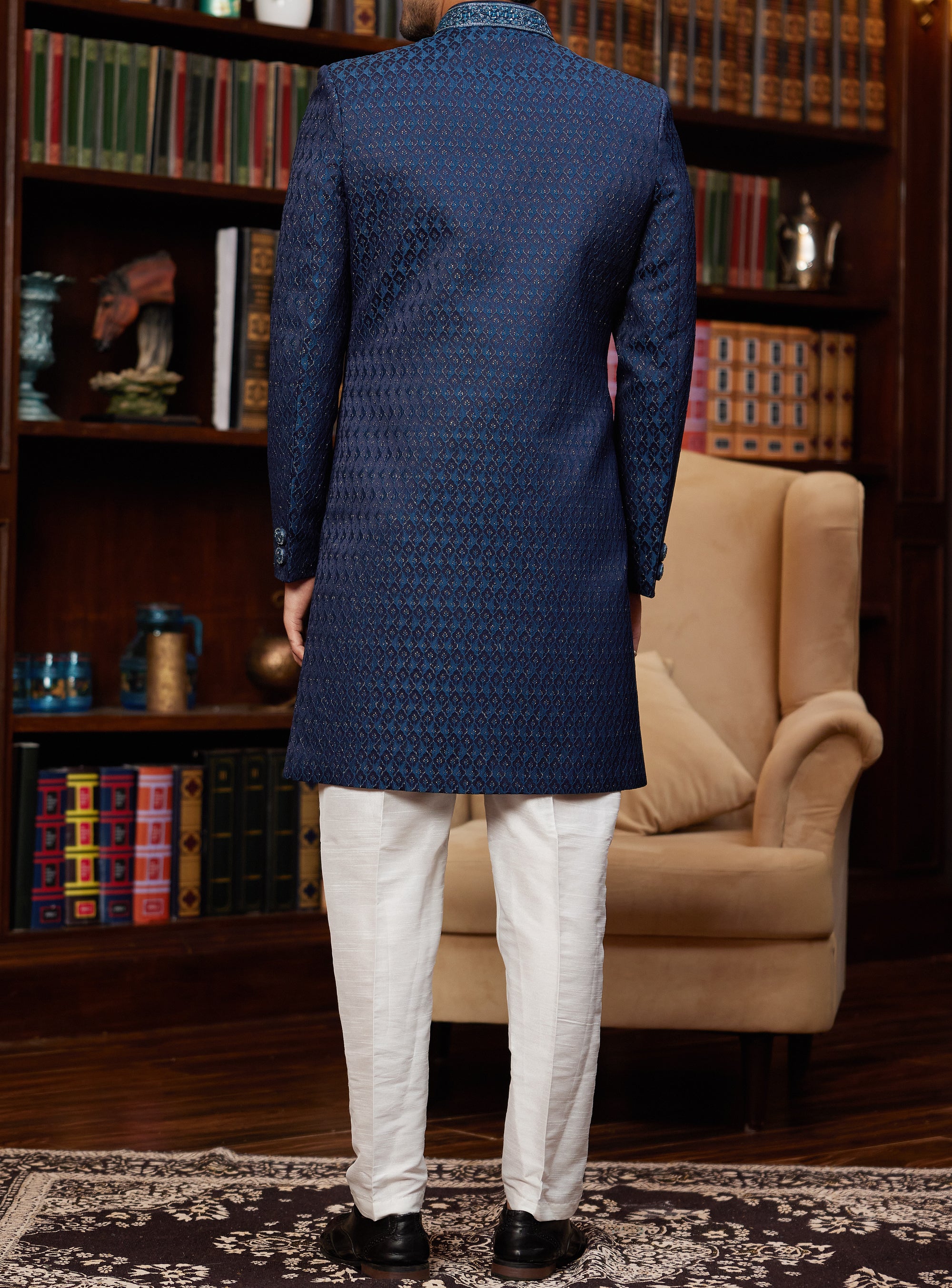 Formal 2-Piece Dark Blue Sherwani Set - Made-on-order