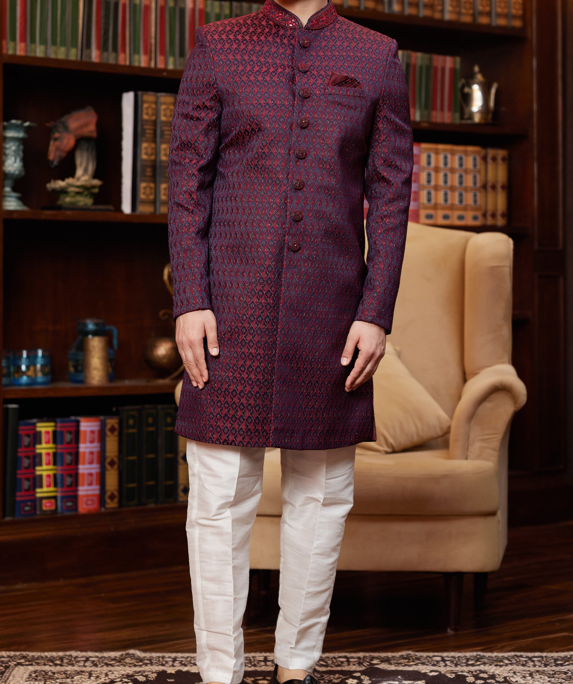 Formal 2-Piece Dark Red Sherwani Set - Made-on-order