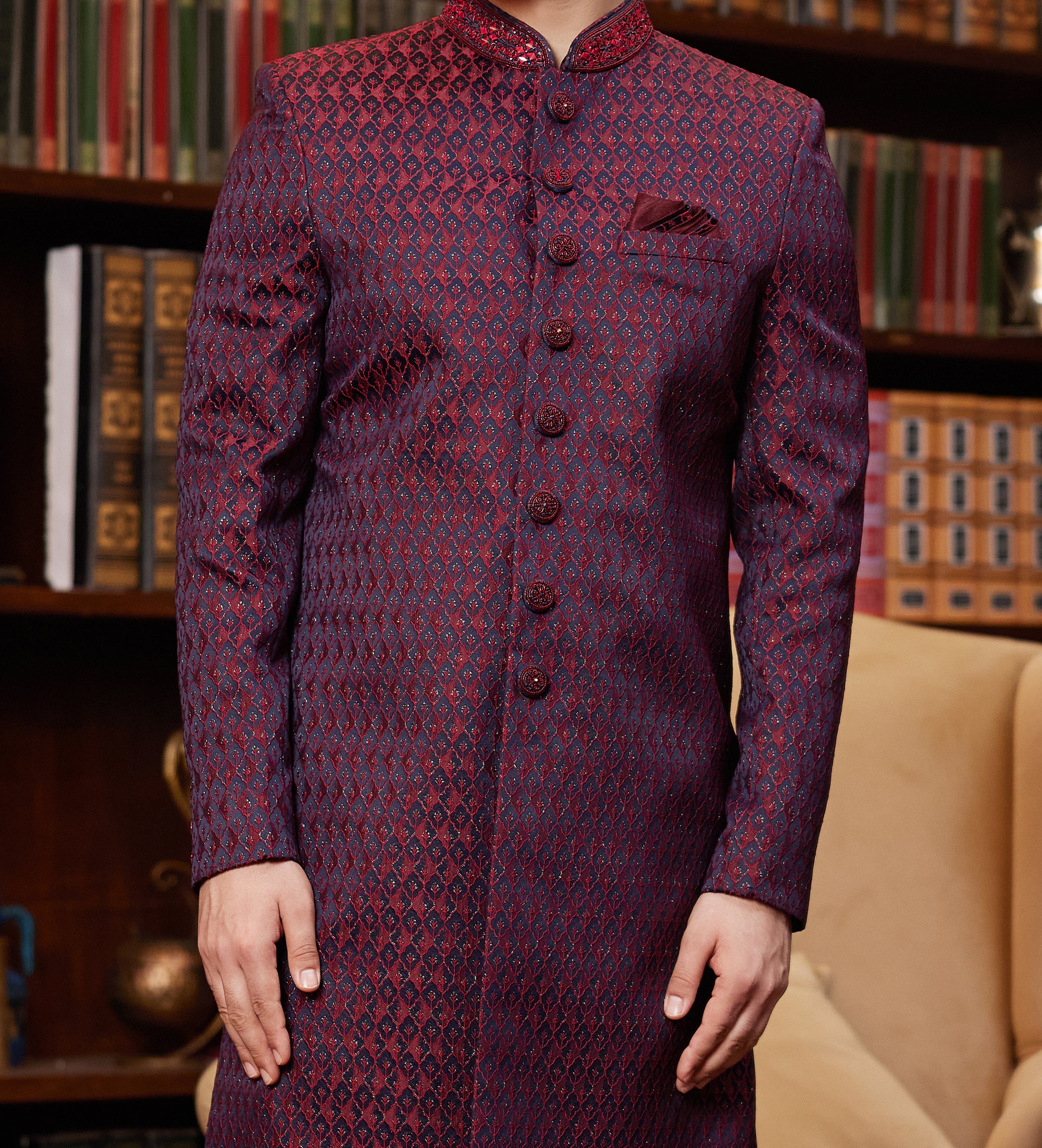 Formal 2-Piece Dark Red Sherwani Set - Made-on-order