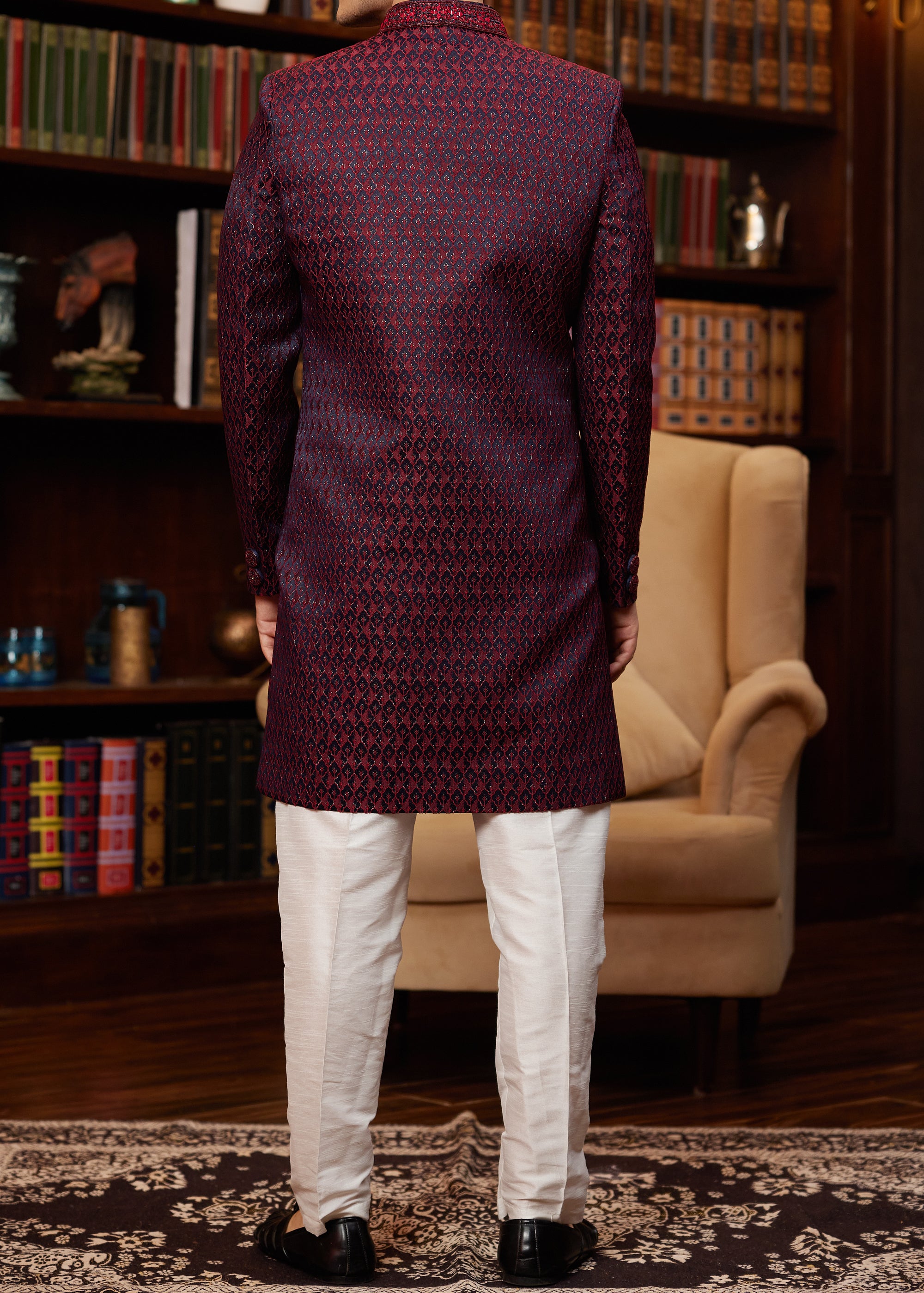 Formal 2-Piece Dark Red Sherwani Set - Made-on-order