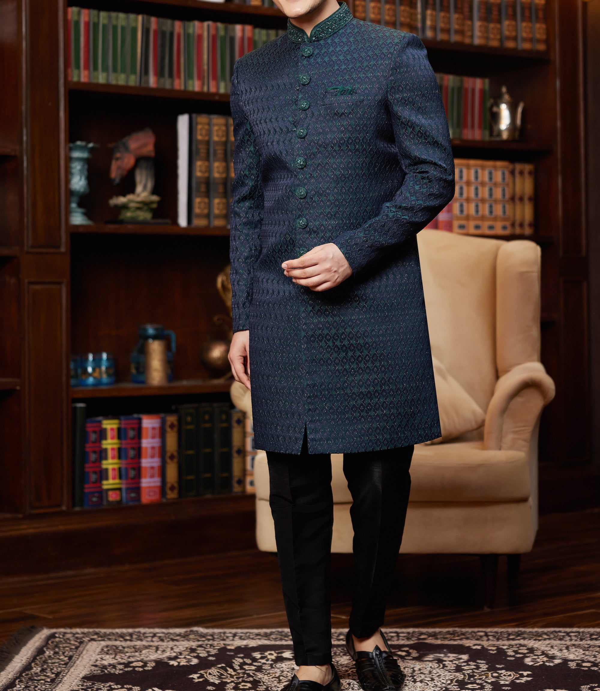 Formal 2-Piece Dark Blue & Green Sherwani Set - Made-on-order