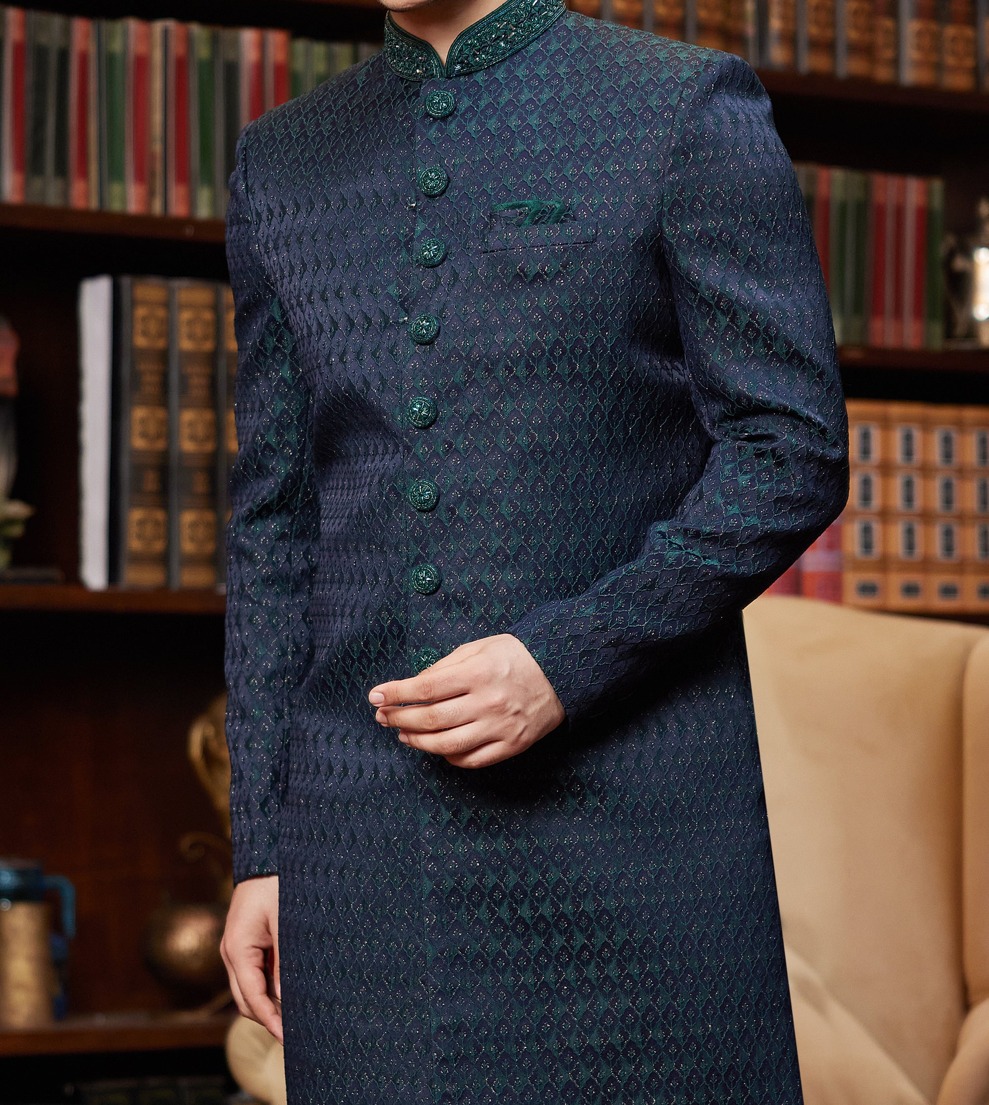 Formal 2-Piece Dark Blue & Green Sherwani Set - Made-on-order