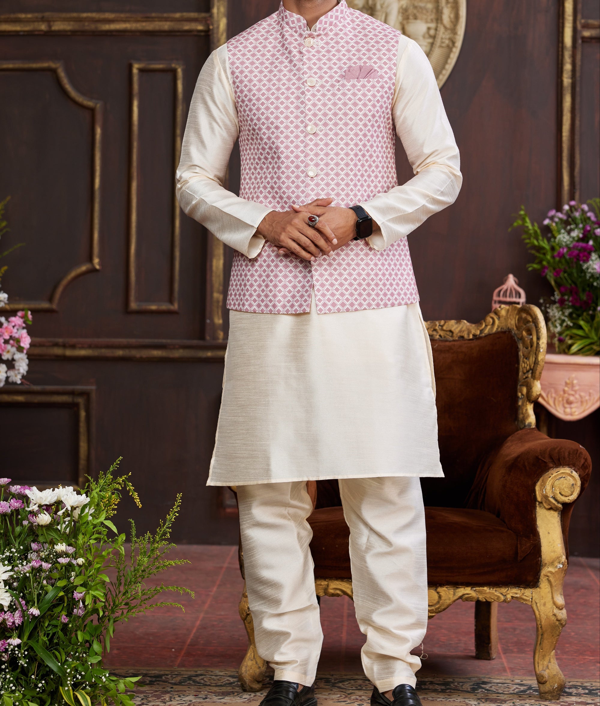 Pink & Off-white Kurta Vest Set - Made-on-order
