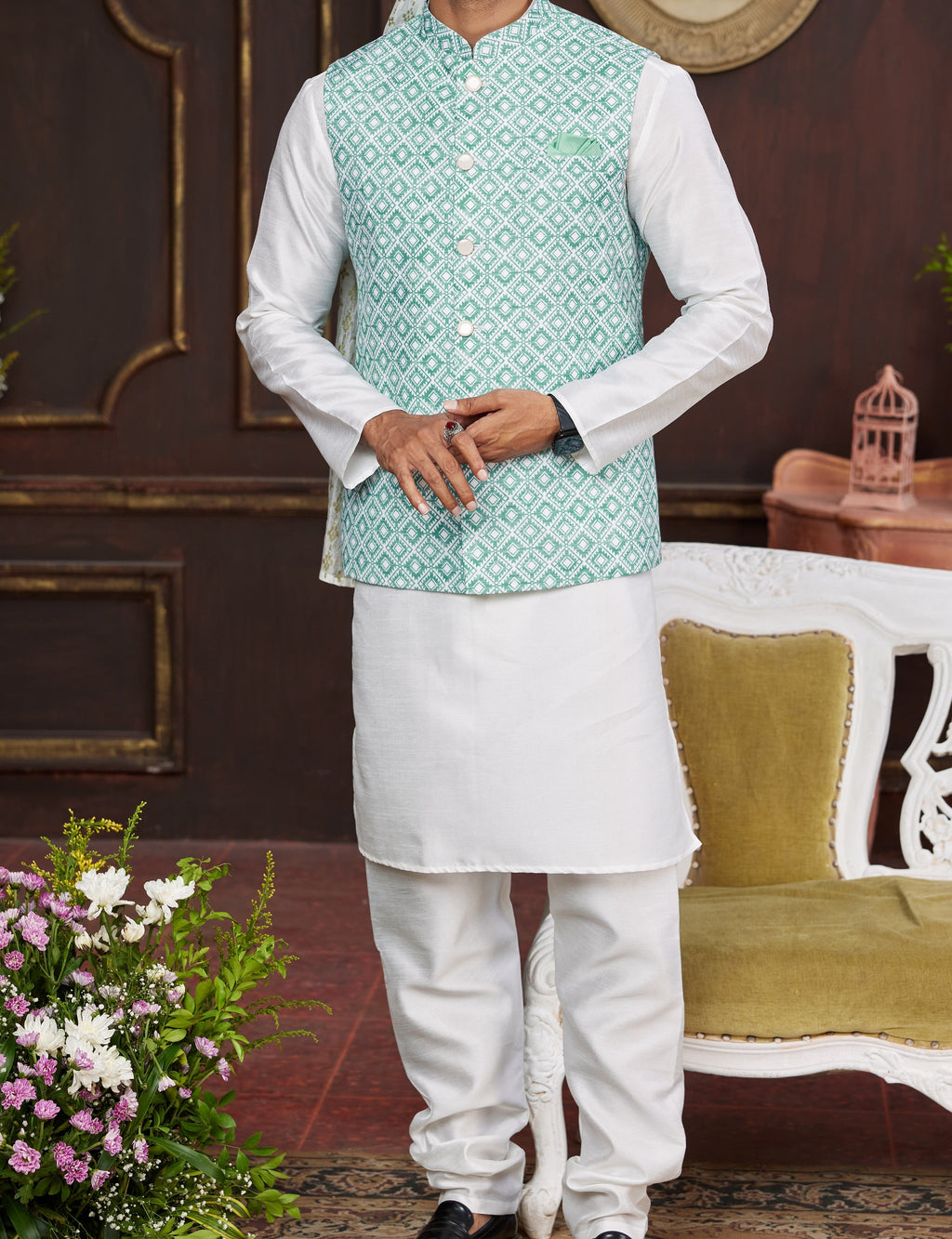 Teal & White Kurta Vest Set - Made-on-order