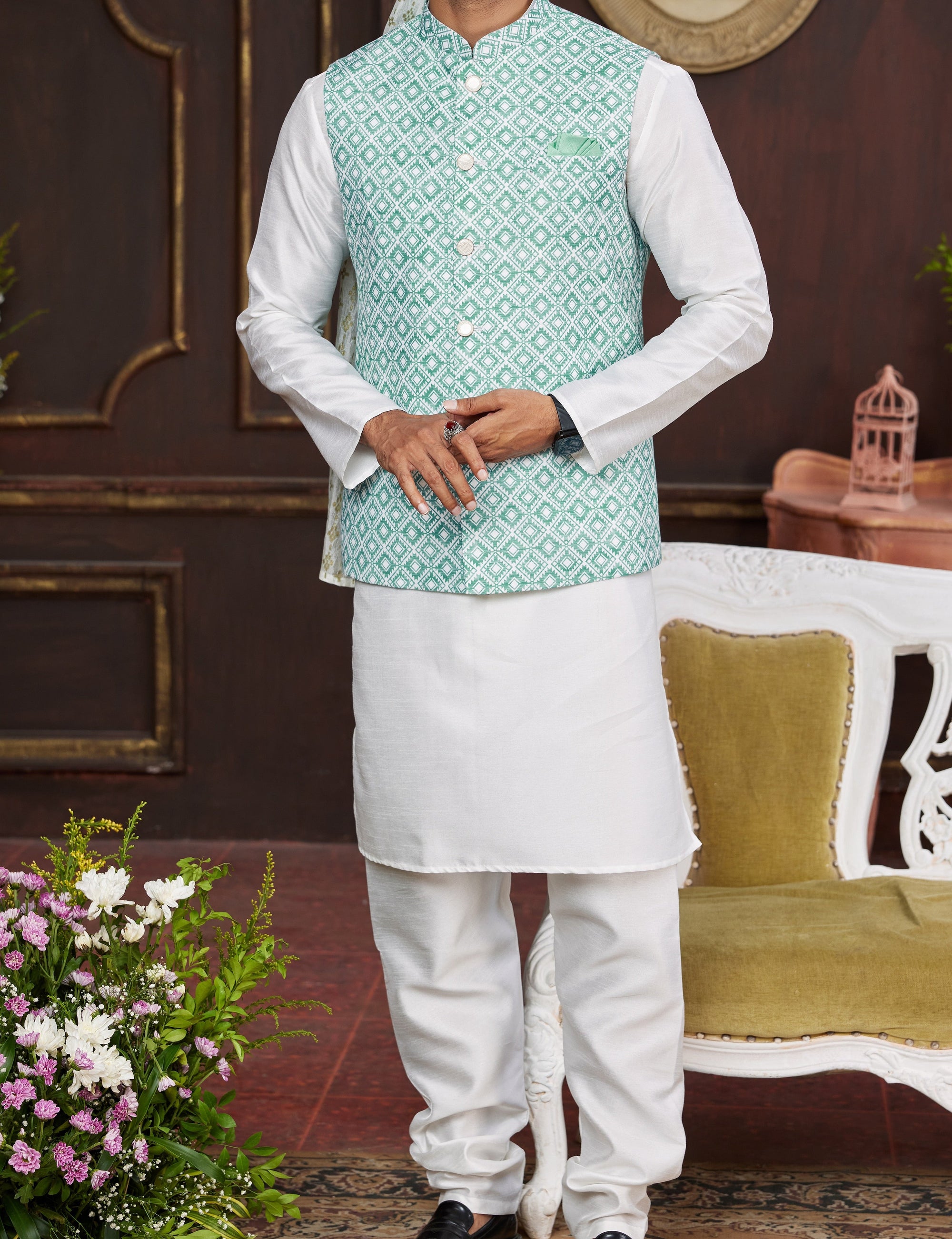 Teal & White Kurta Vest Set - Made-on-order