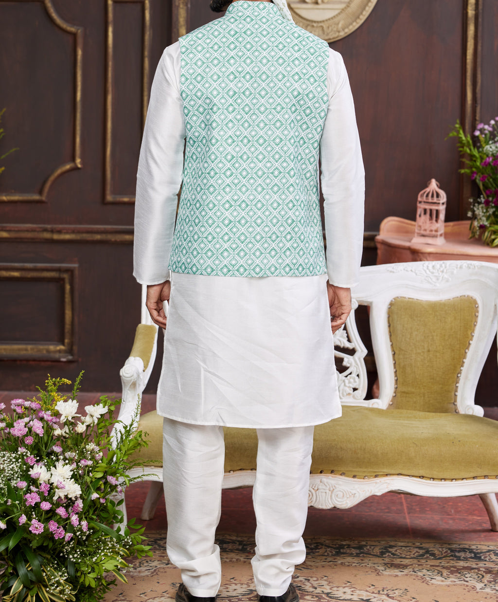 Teal & White Kurta Vest Set - Made-on-order