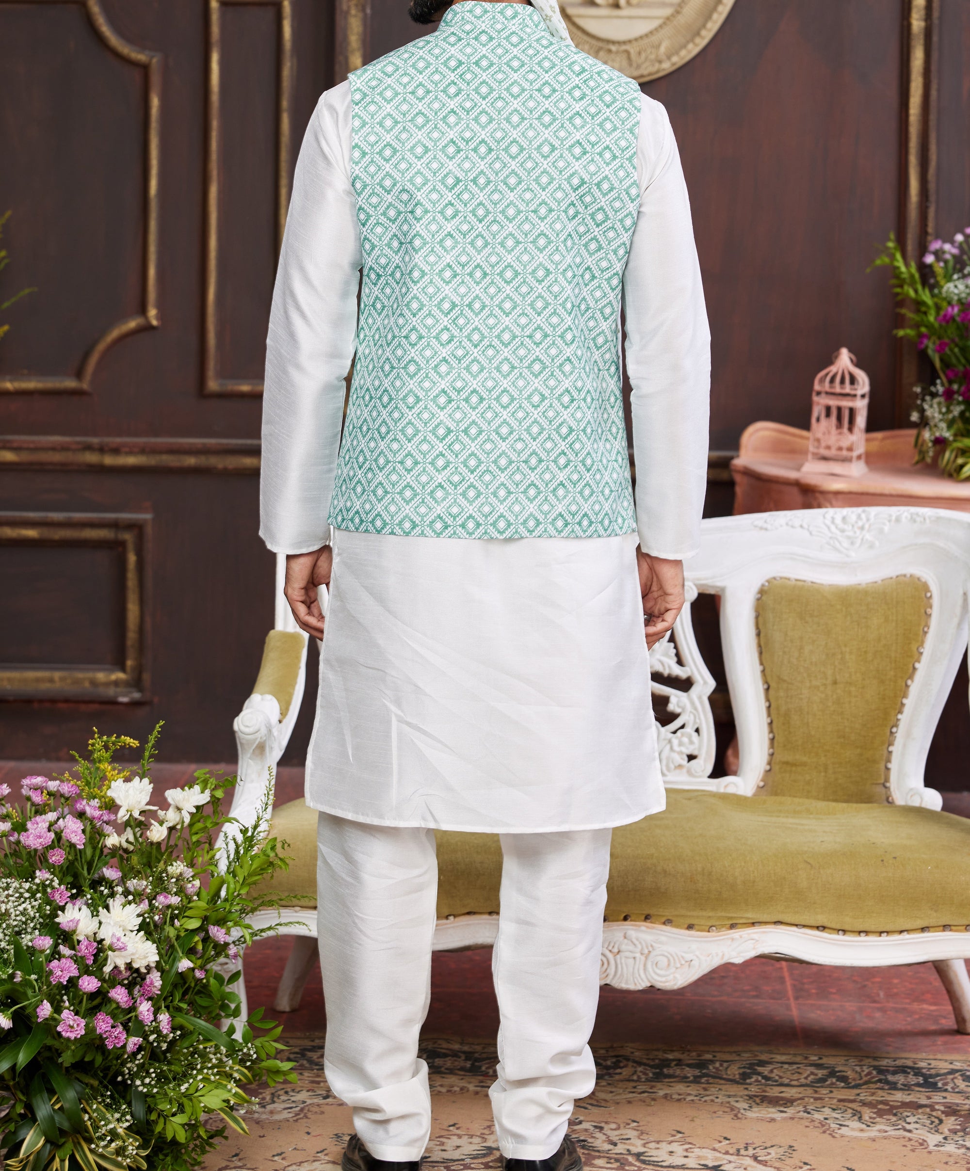 Teal & White Kurta Vest Set - Made-on-order