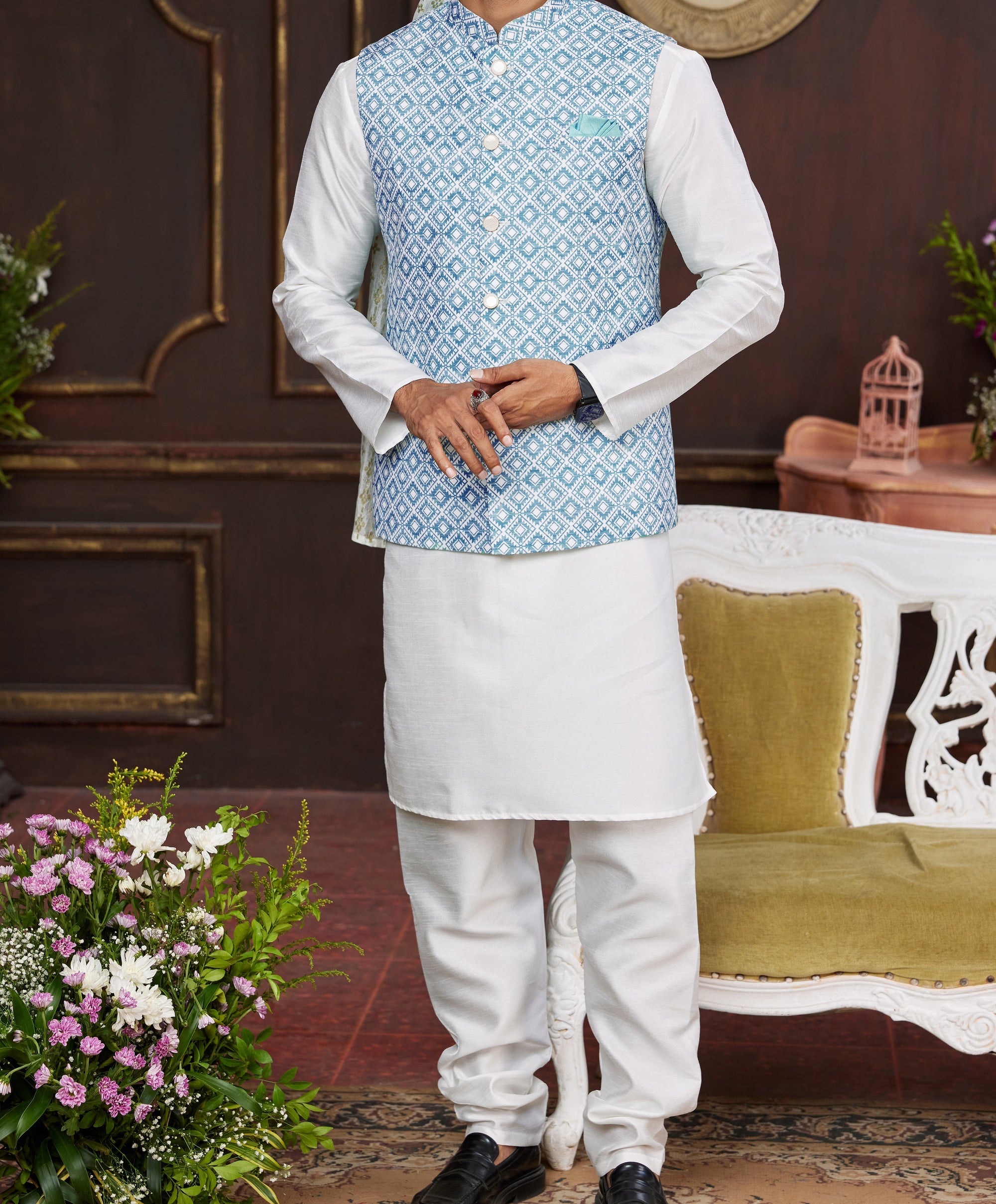 Blue & White Kurta Vest Set - Made-on-order