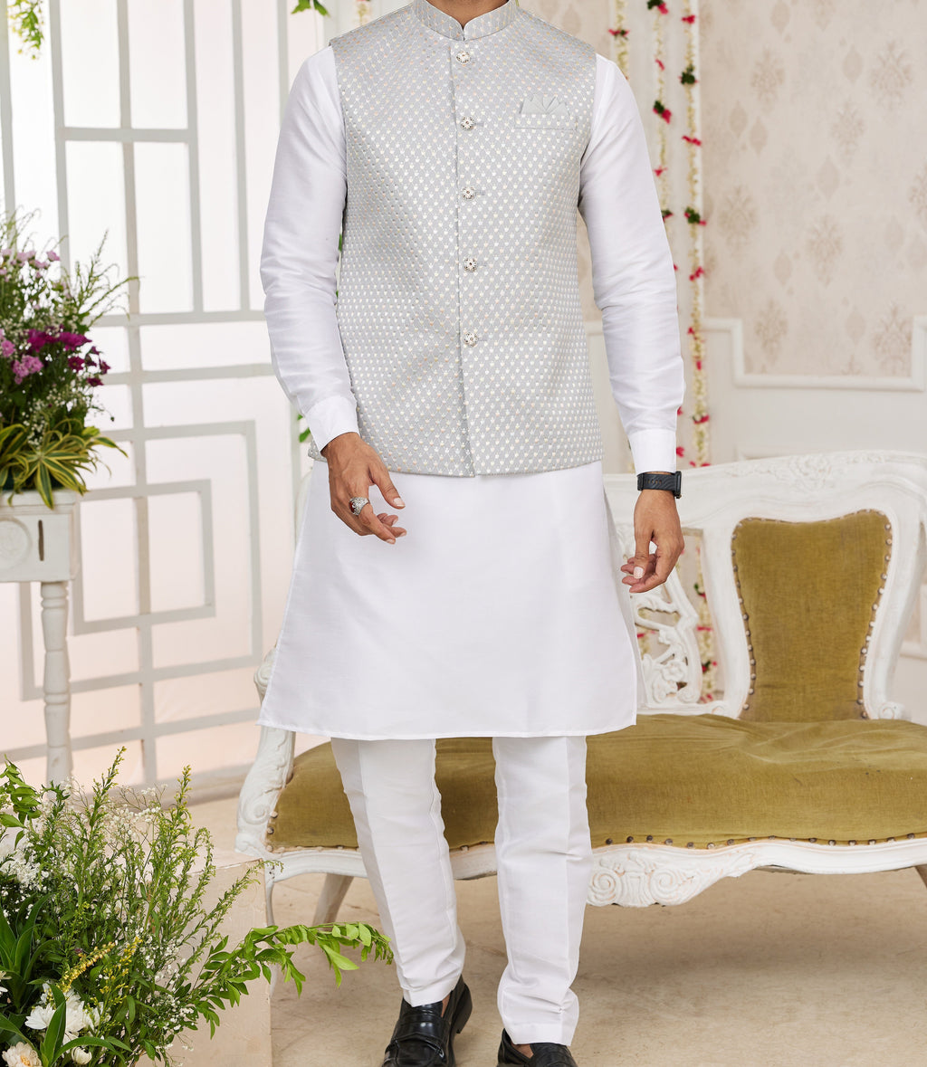 Silver & White Kurta Vest Set - Made-on-order
