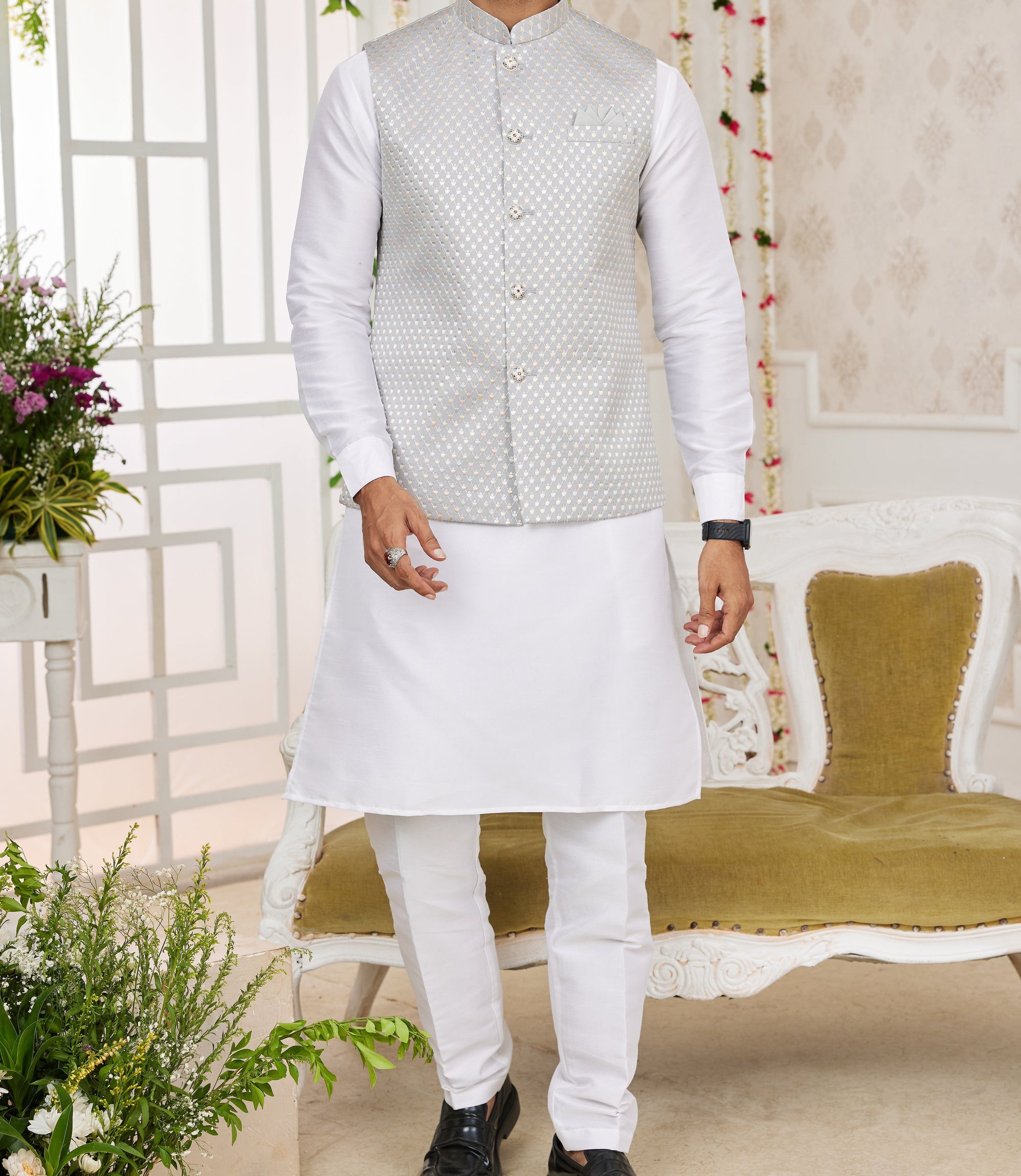 Silver & White Kurta Vest Set - Made-on-order