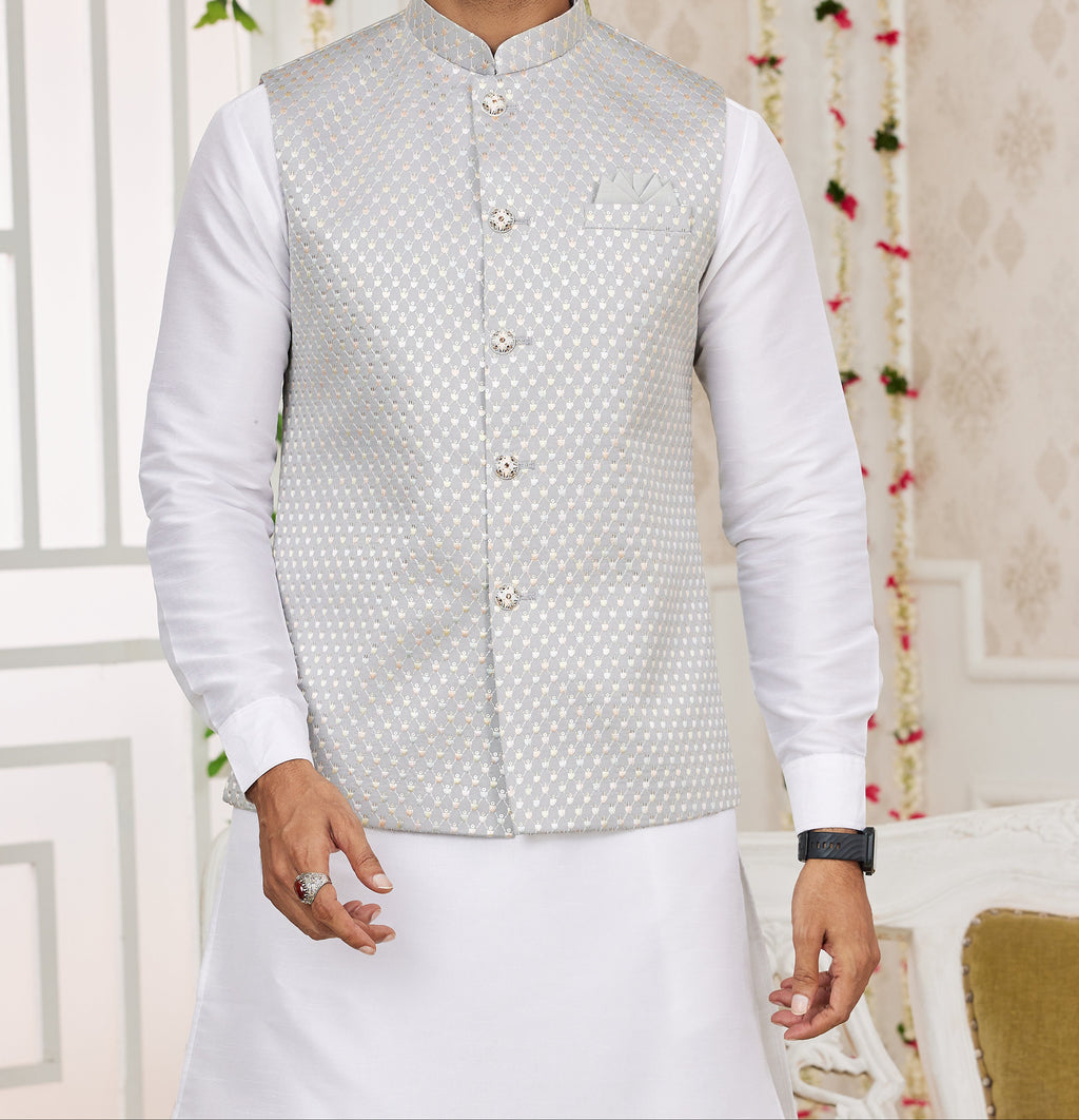 Silver & White Kurta Vest Set - Made-on-order