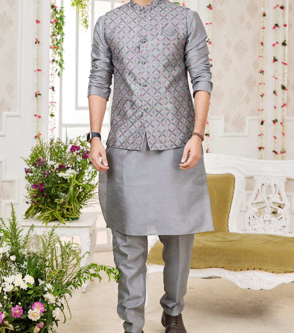 Grey Kurta & Vest Set - Made-on-order