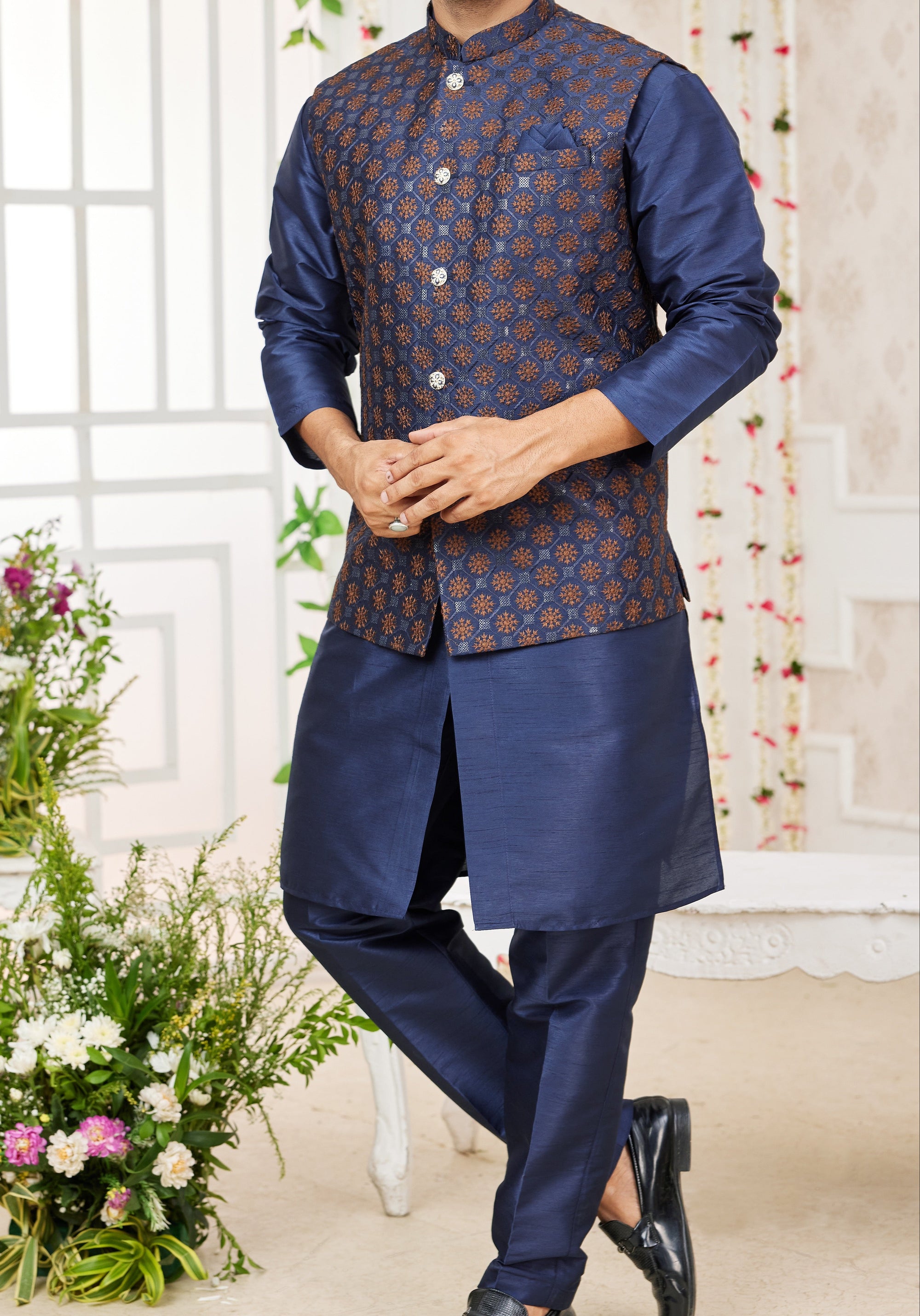 Dark Blue Kurta & Vest Set - Made-on-order