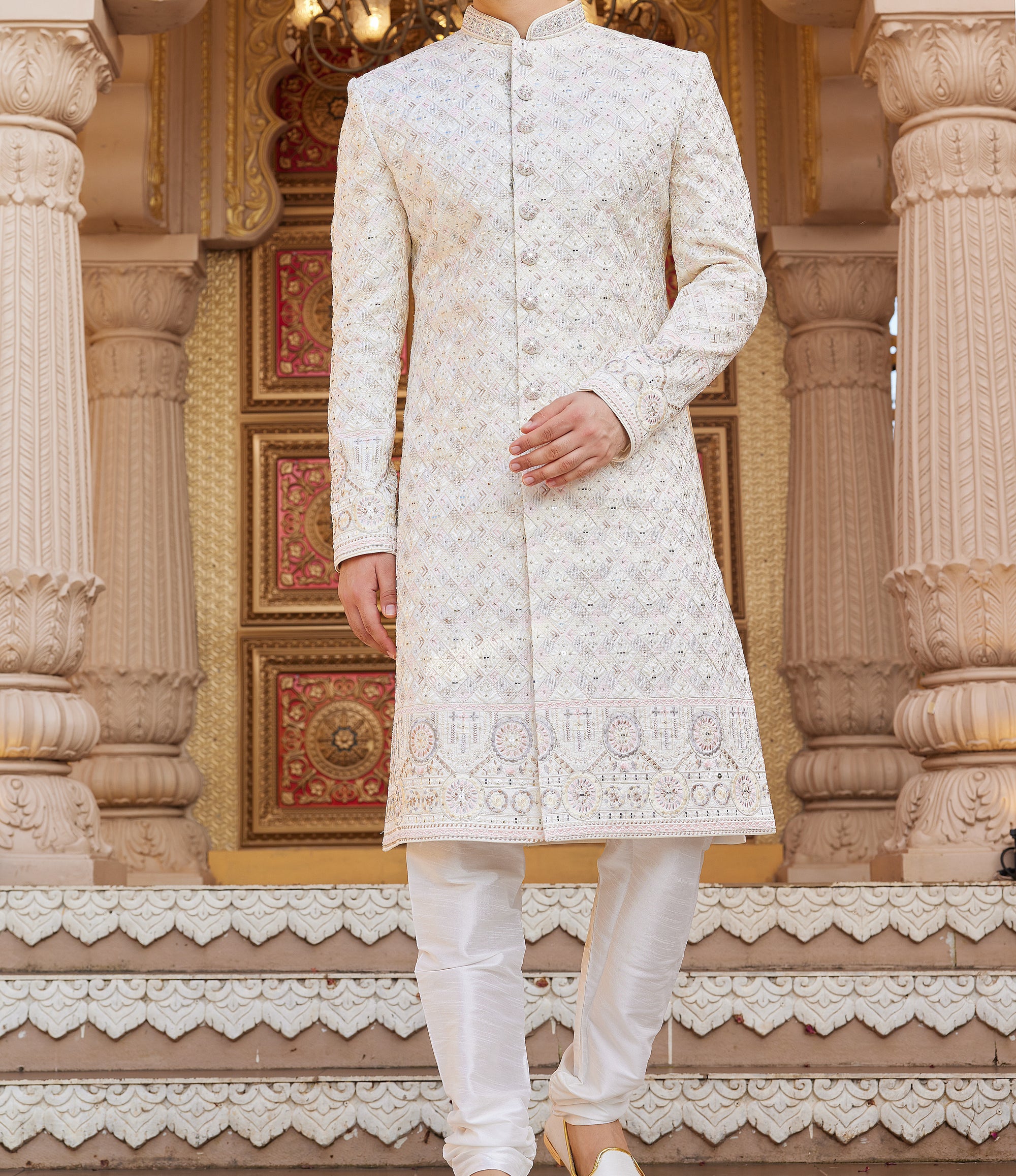 Regal Cream White Sherwani Set - Made-on-order
