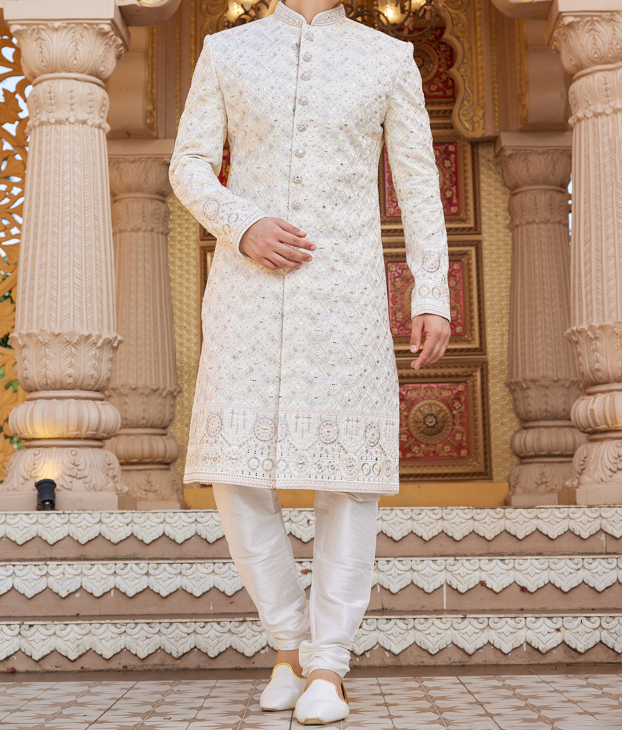 Regal Cream White Sherwani Set - Made-on-order