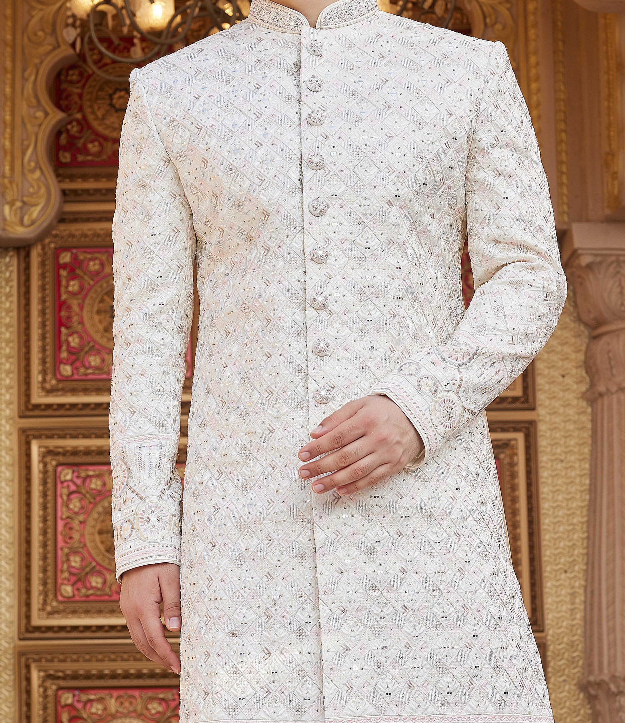 Regal Cream White Sherwani Set - Made-on-order