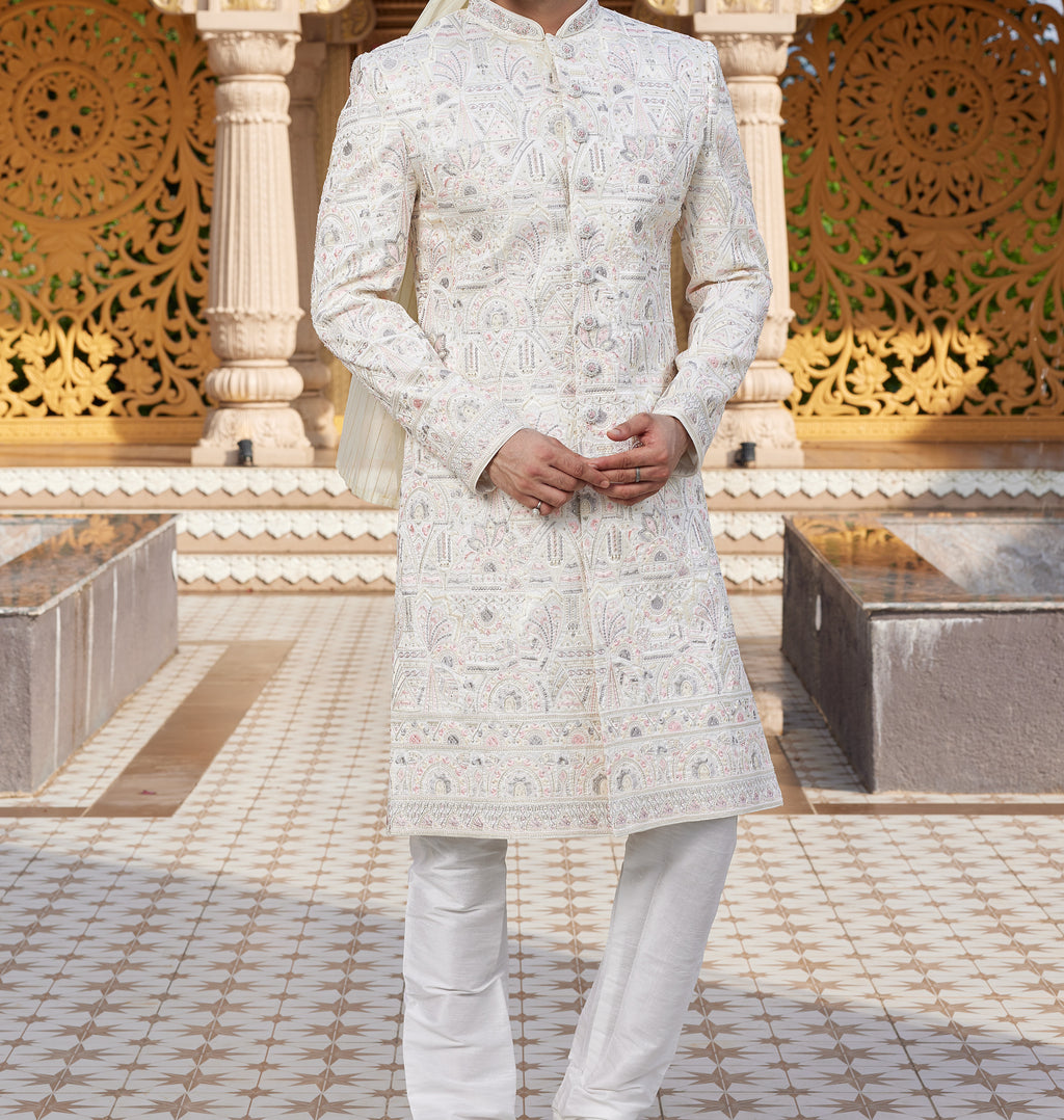 Regal 2-Piece White & Pink Sherwani Set - Made-on-order
