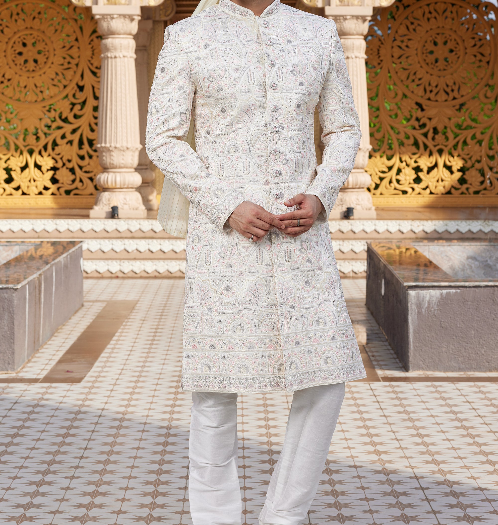Regal White & Pink Sherwani Set - Made-on-order