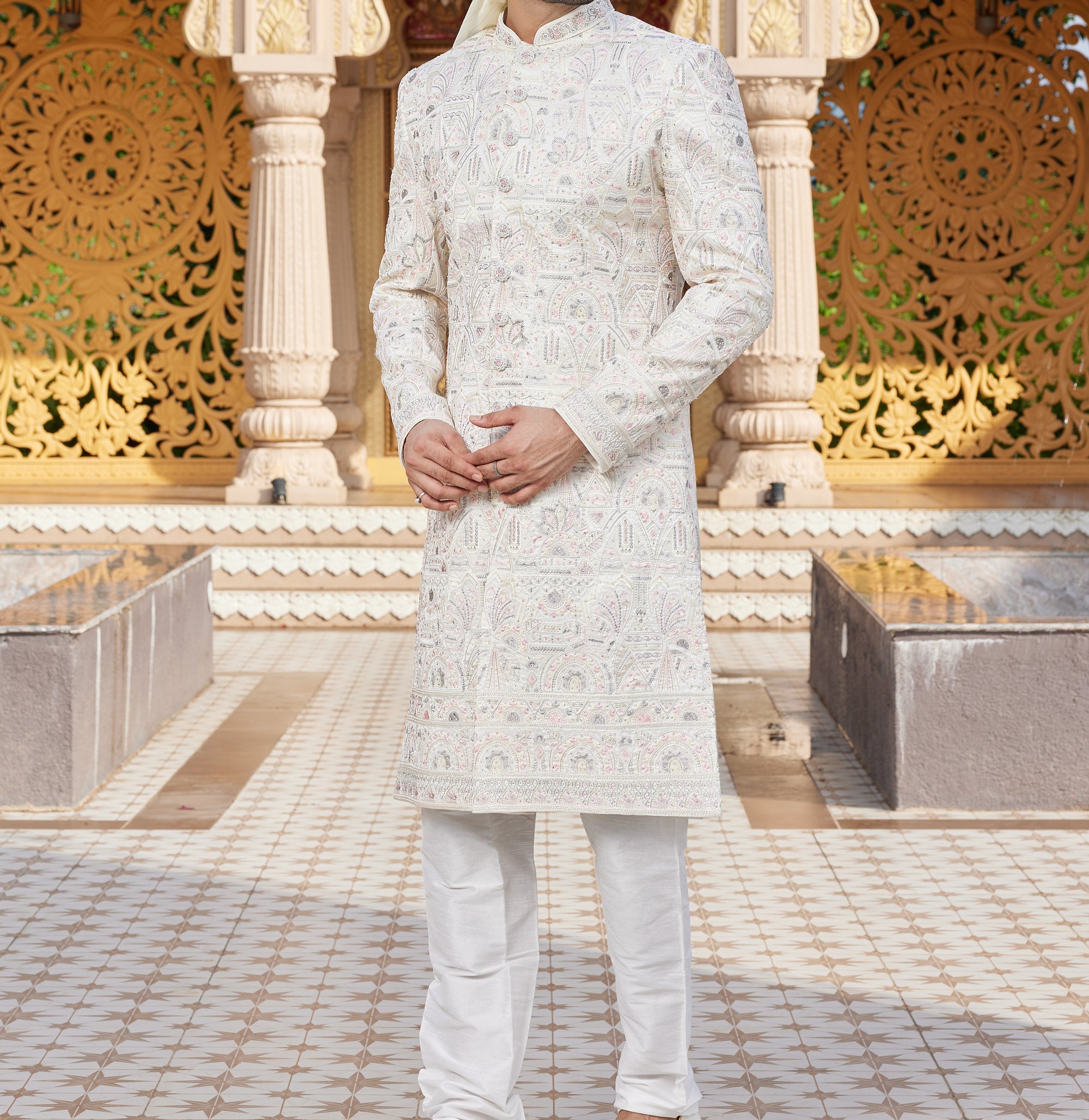 Regal White & Pink Sherwani Set - Made-on-order