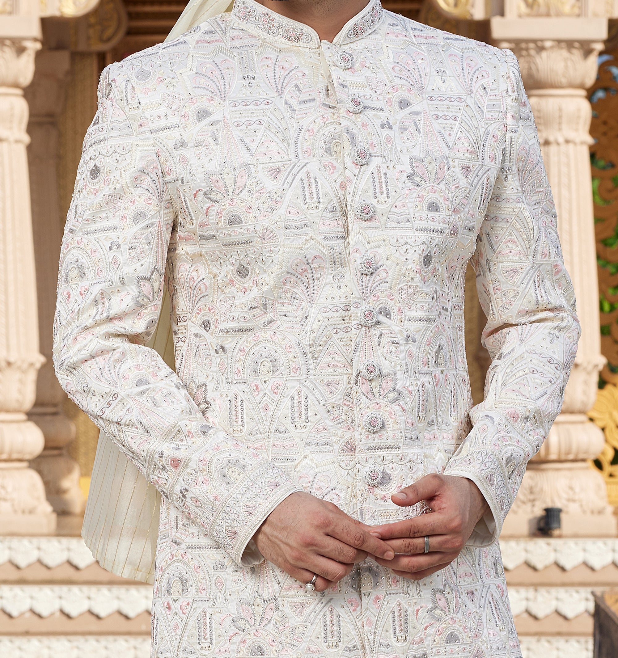 Regal White & Pink Sherwani Set - Made-on-order