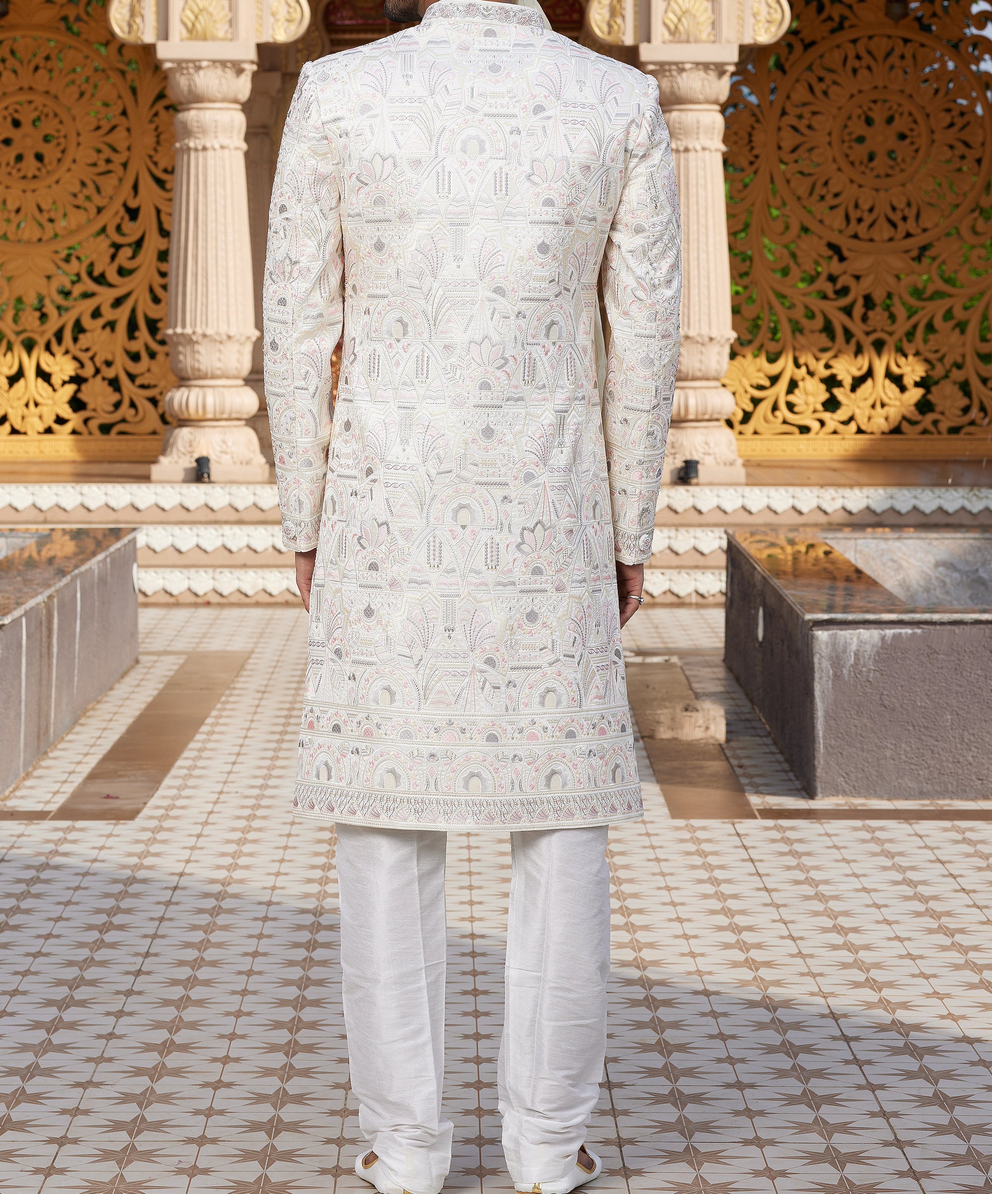 Regal White & Pink Sherwani Set - Made-on-order