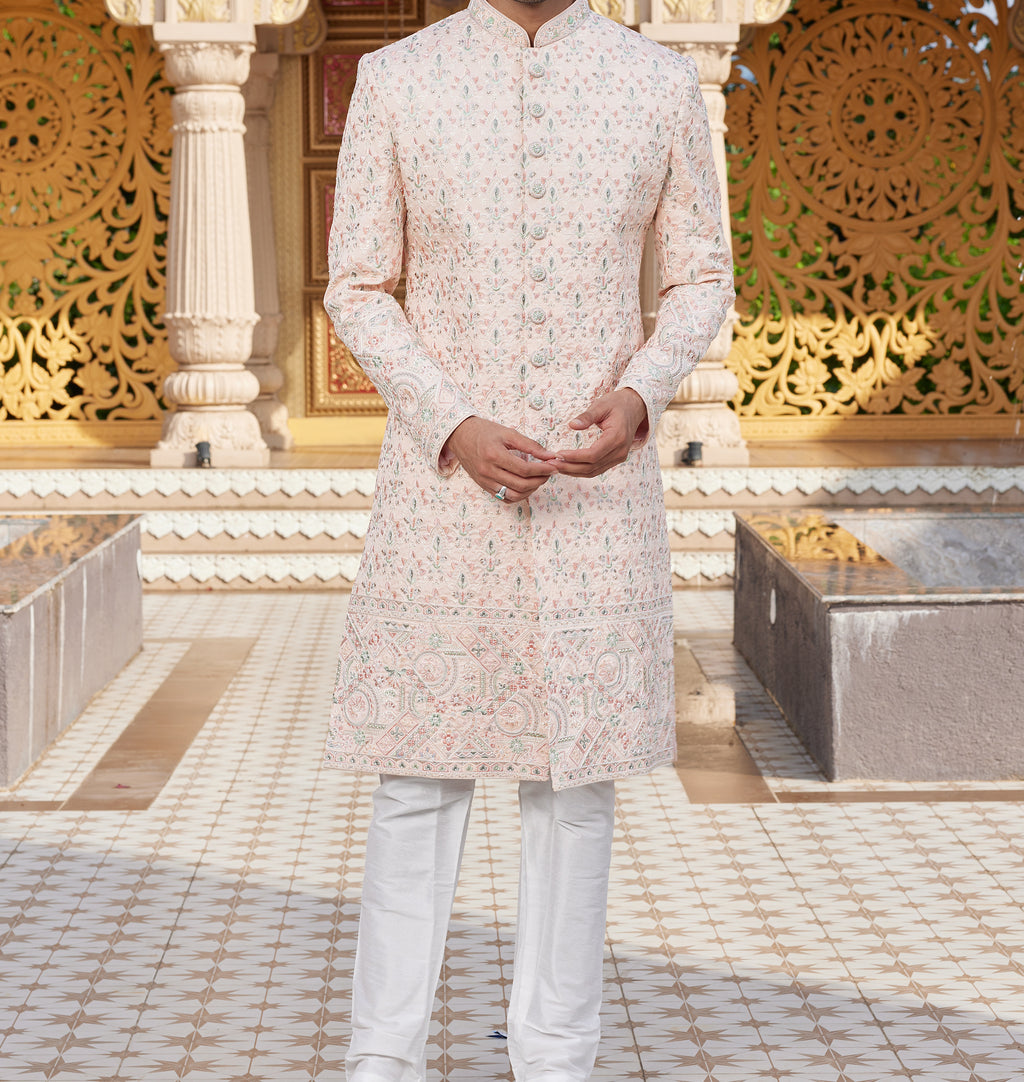 Regal 2-Piece Pink & White Sherwani Set - Made-on-order