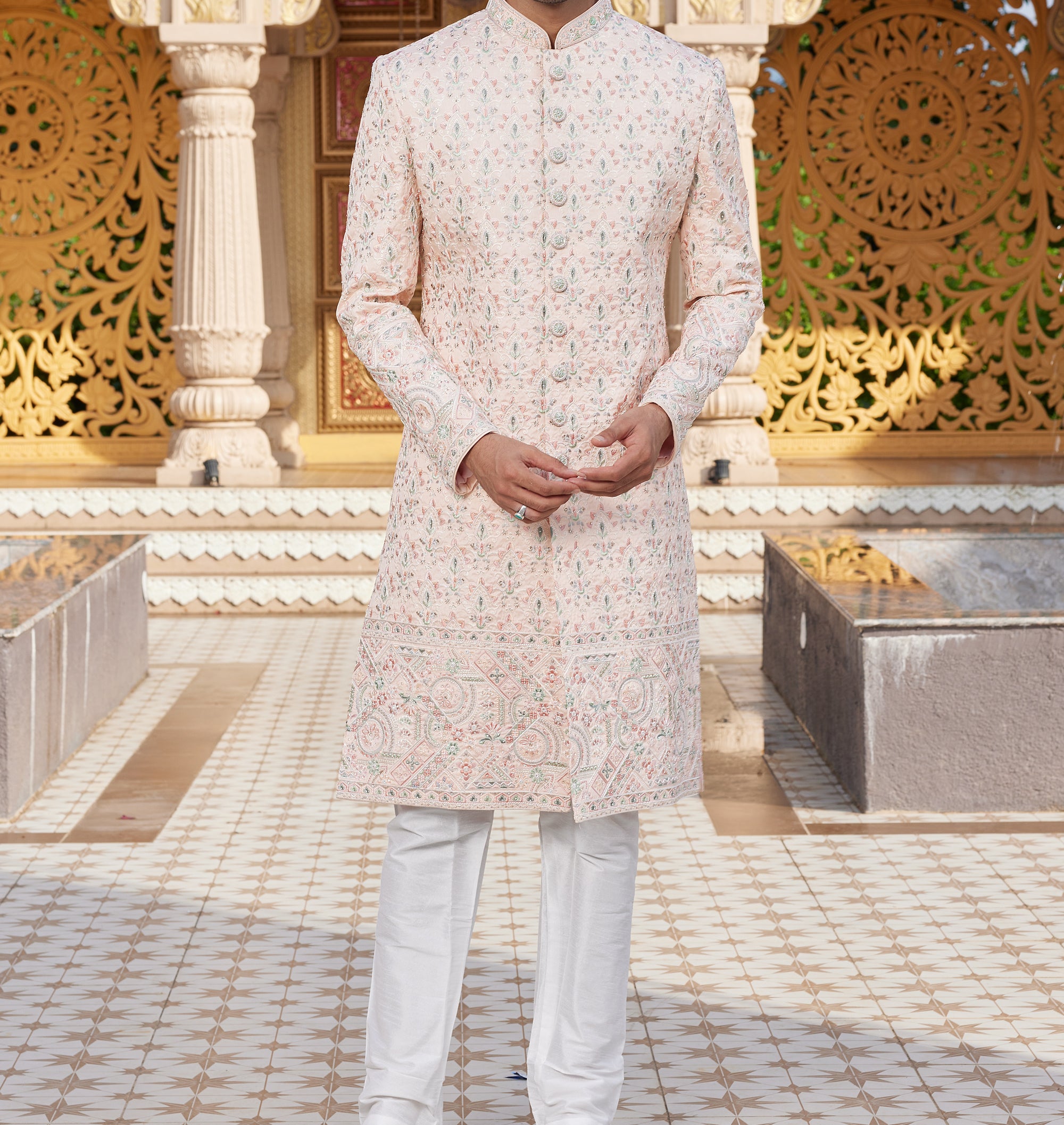 Regal Pink & White Sherwani Set - Made-on-order