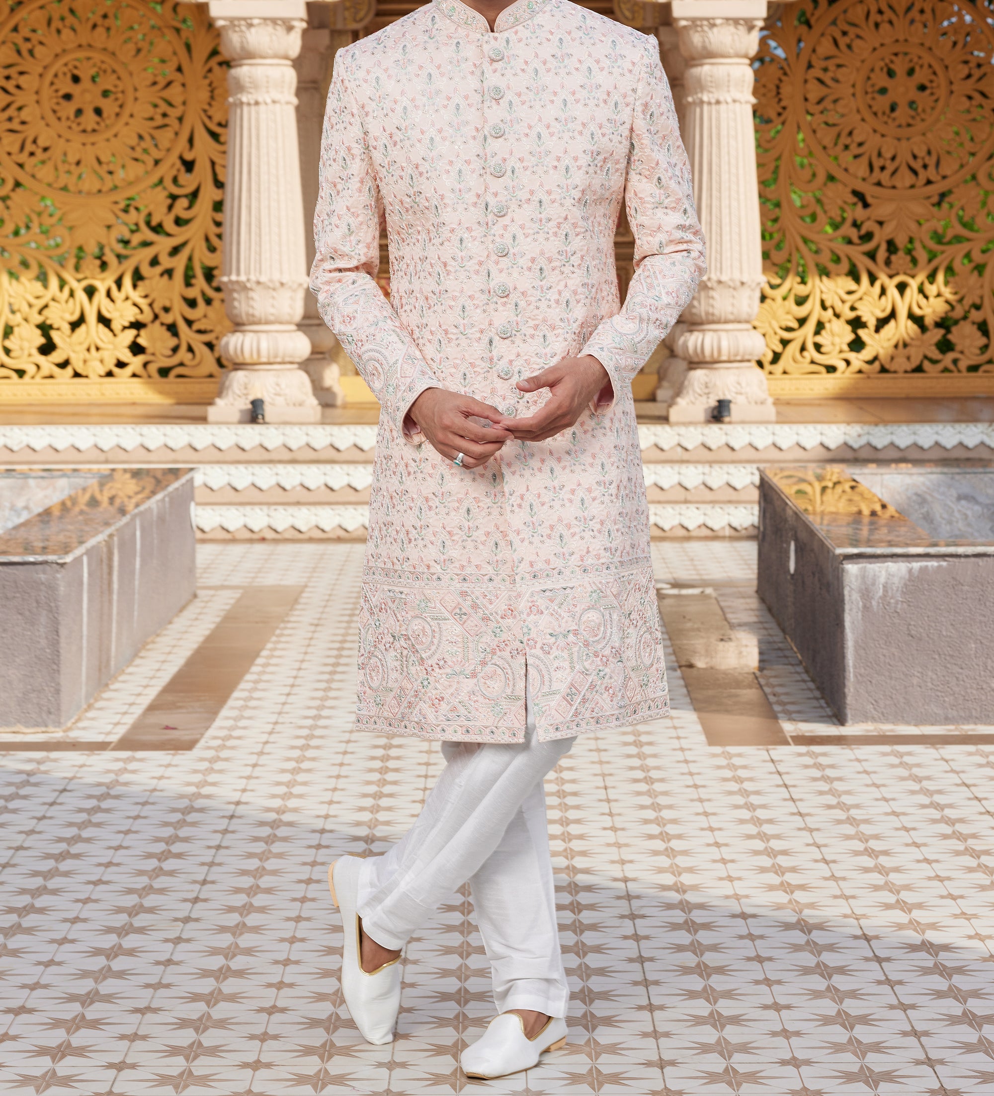 Regal Pink & White Sherwani Set - Made-on-order