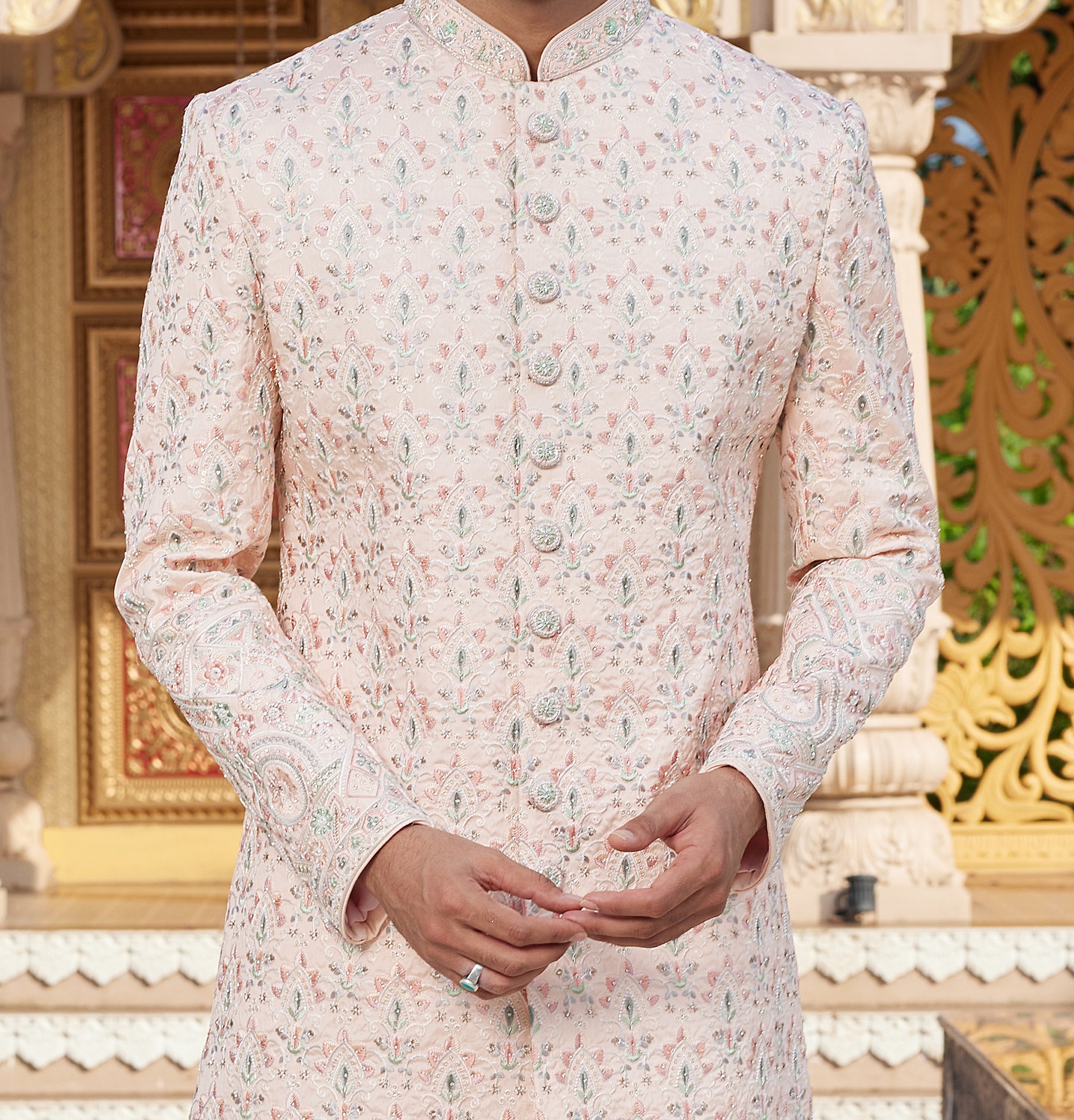Regal Pink & White Sherwani Set - Made-on-order